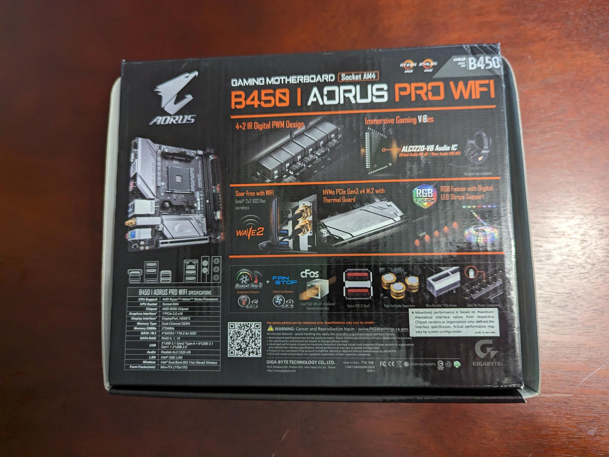 Gigabyte B450 I Aorus Pro Wifi Mini ITX Motherboard with Box/Accessories
