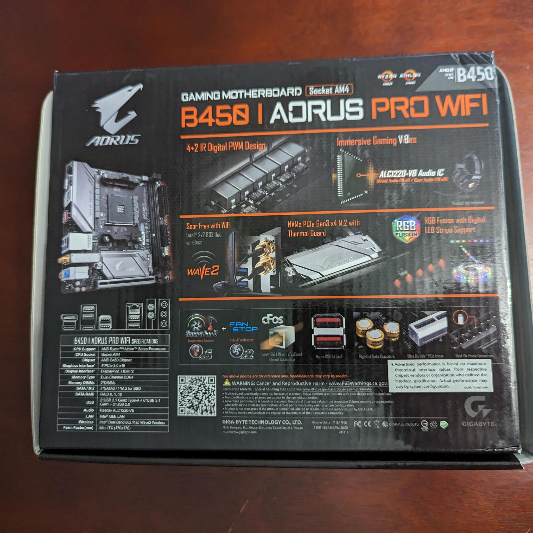 Gigabyte B450 I Aorus Pro Wifi Mini ITX Motherboard with Box/Accessories