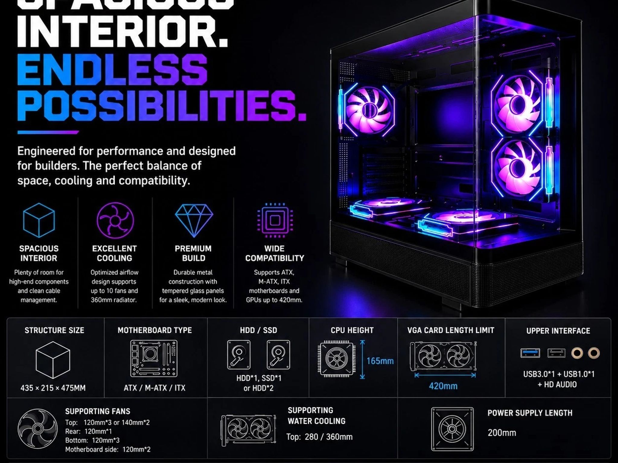 Black ARGB ATX Gaming PC Case Curved Tempered Glass w/ 5 Pre-Installed Fans