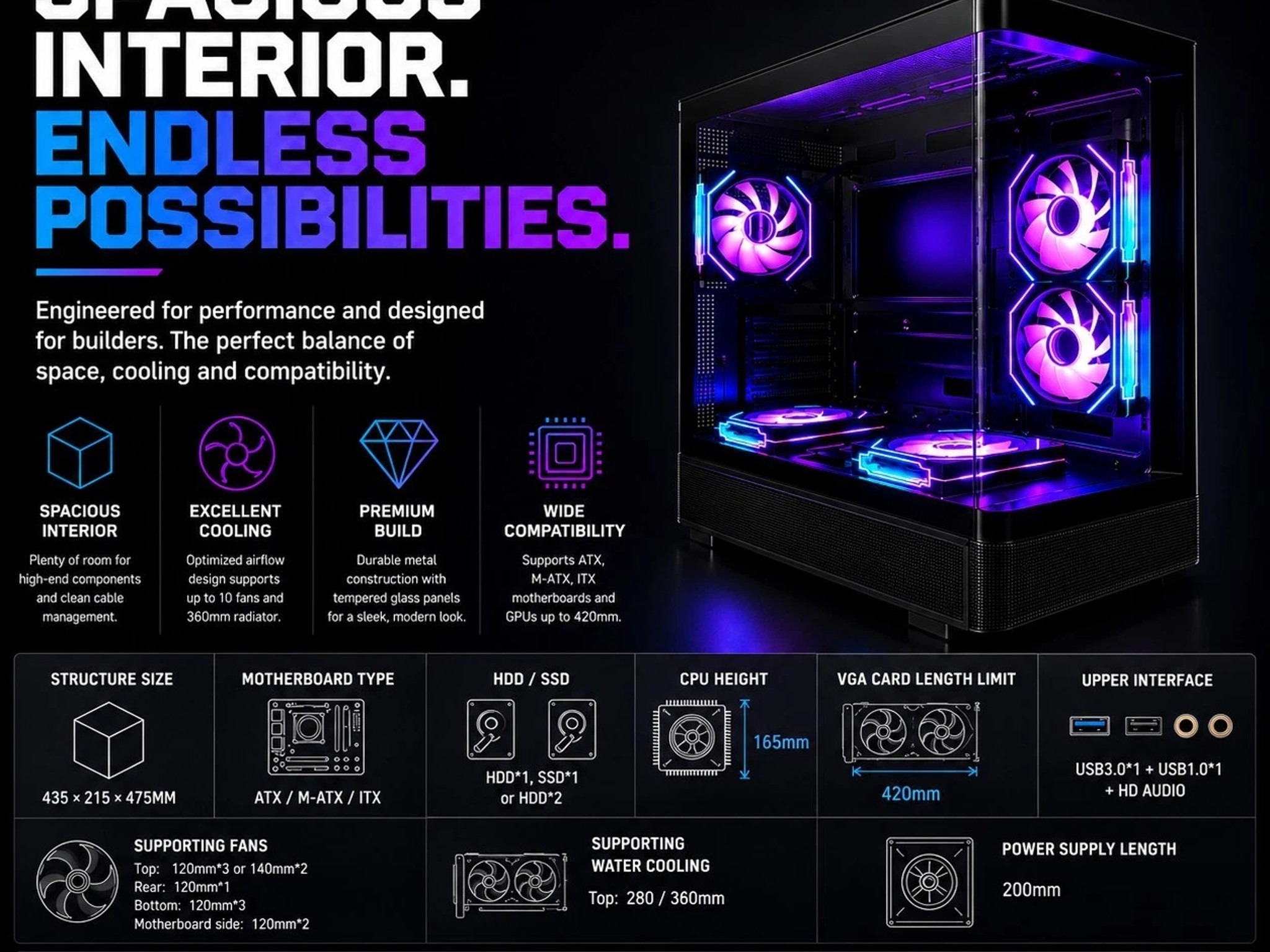 Black ARGB ATX Gaming PC Case Curved Tempered Glass w/ 5 Pre-Installed Fans