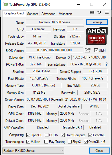 Used, XFX Radeon RX 580 8GB GTS XXX Graphics Card