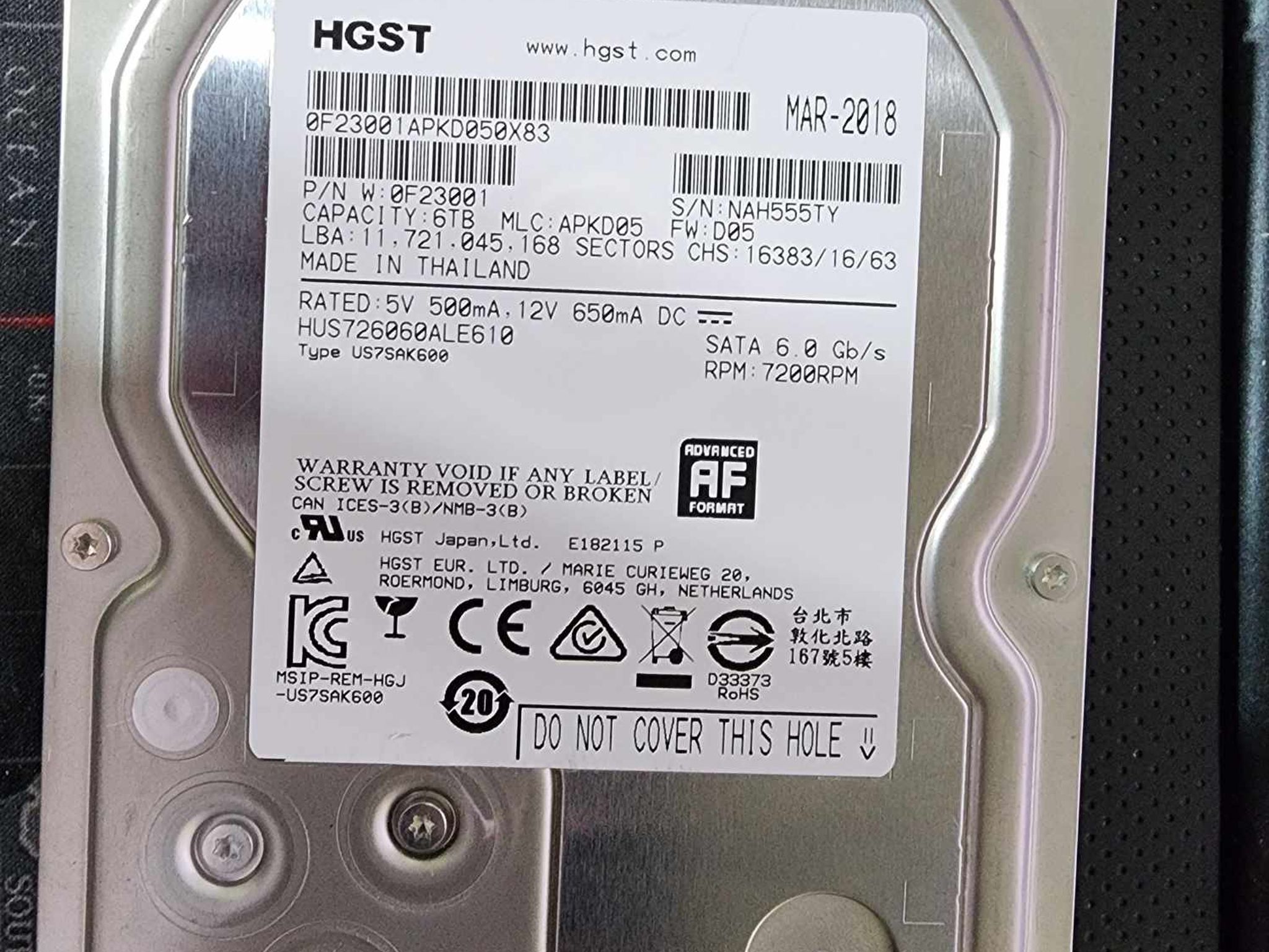 6TB HDD | HGST Ultrastar 7K6000 0F23001 6TB 7200 RPM SATA 3.5" 512E ISE 128MB Cache