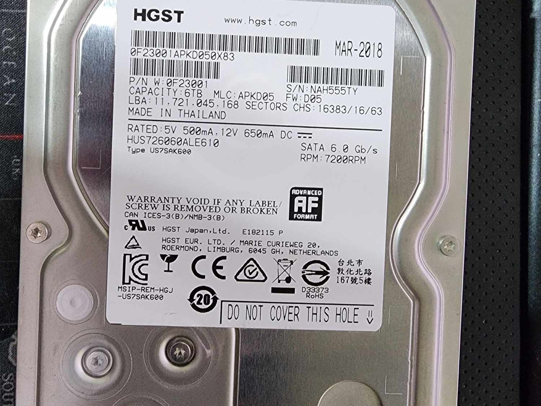 6TB HDD | HGST Ultrastar 7K6000 0F23001 6TB 7200 RPM SATA 3.5" 512E ISE 128MB Cache