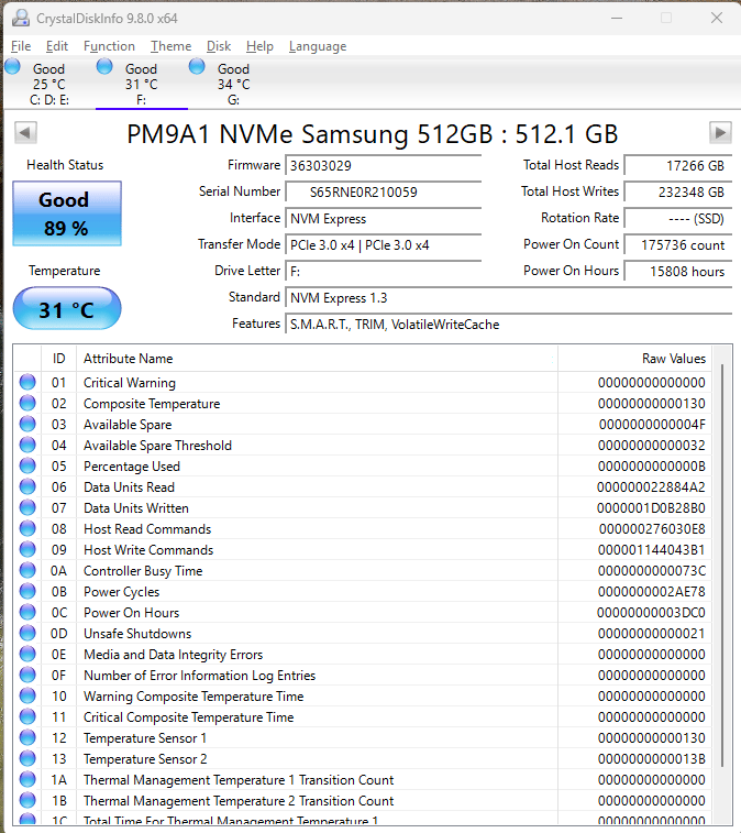 Samsung PM9A1 512GB SSD Gen3x4 512MB DRAM | NVME M.2 2280 | Solid State Drive | 89% Health