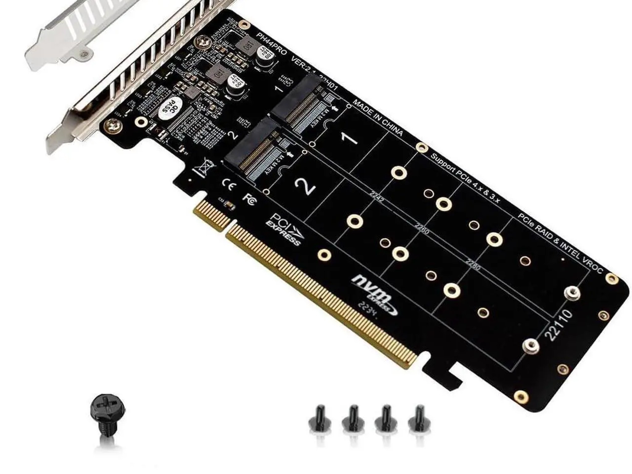 PH44PRO Dual-Sided 4 x M.2 M-Key NVME to PCIe X16 Splitter Card 4 x 32Gbps 2U Server RAID Array