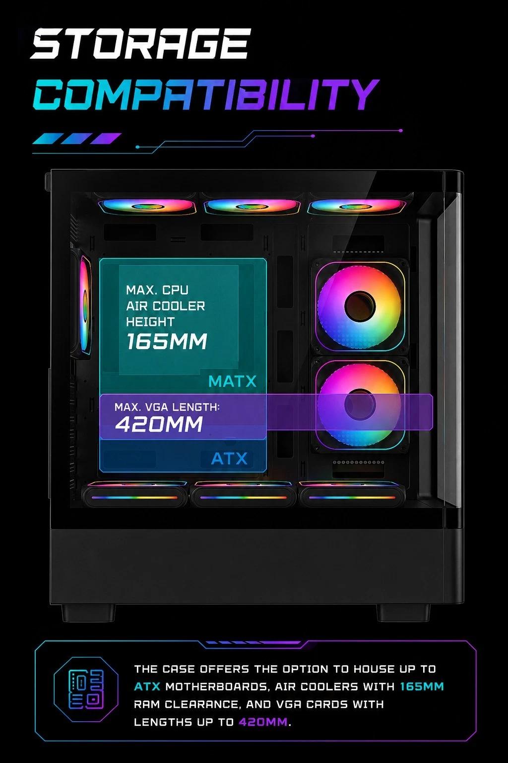 Black ARGB ATX Gaming PC Case Curved Tempered Glass w/ 5 Pre-Installed Fans