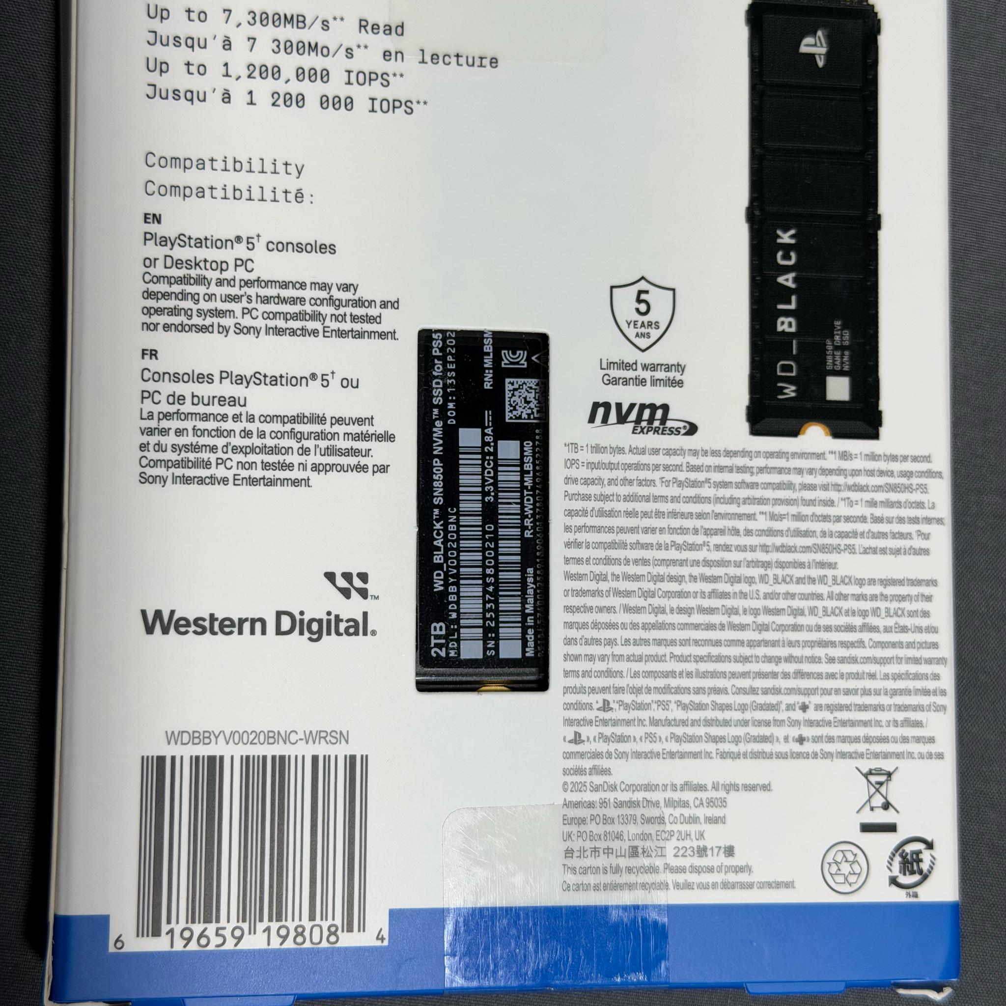 WD Black 2TB SN850P NVMe SSD for PS5 or PC Brand New Sealed