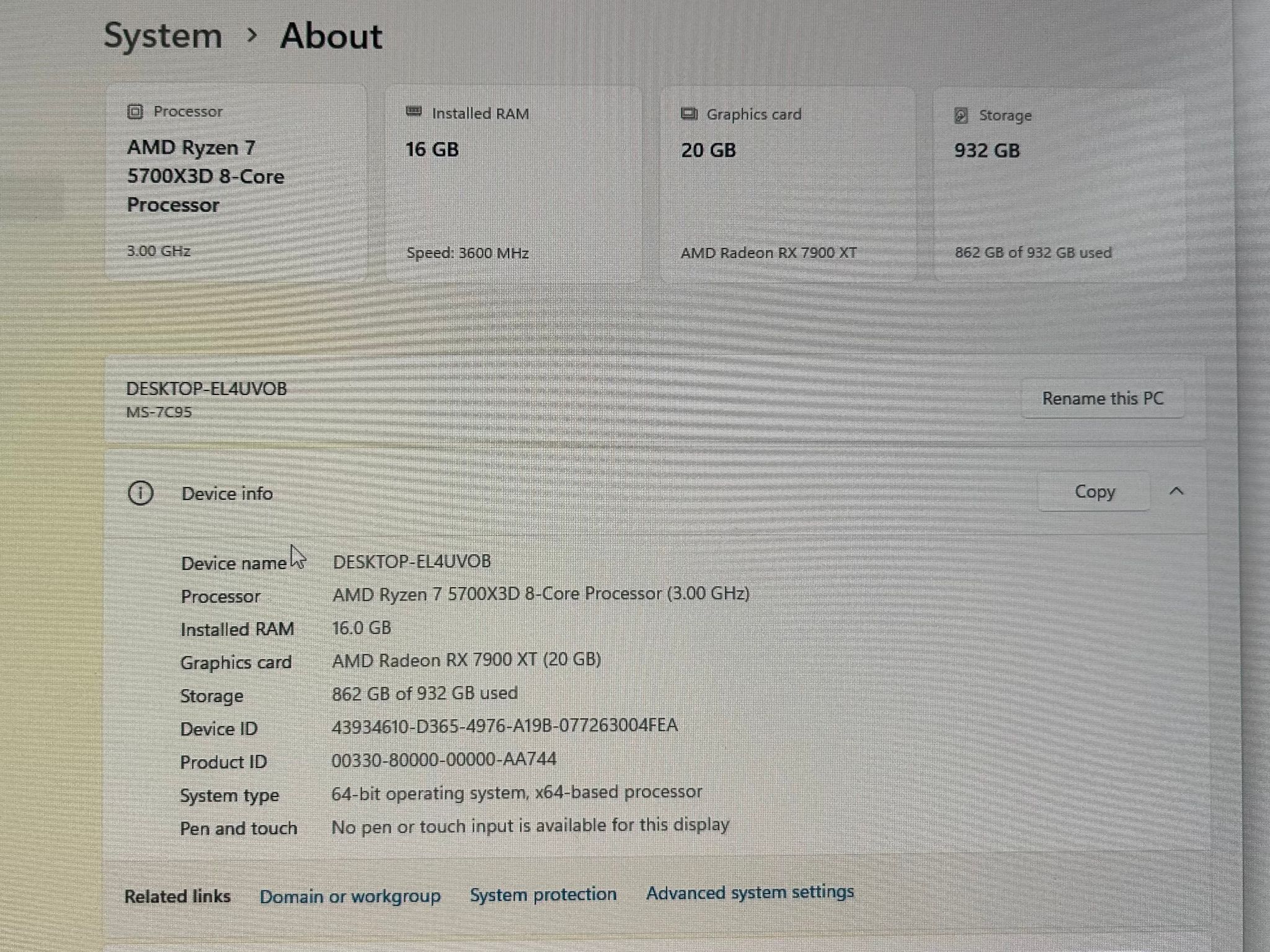 RX 7900 XT Gaming PC - Ryzen 7 5700X3D, 1TB NVMe SSD, 16GB DDR4 3600MHZ CL16