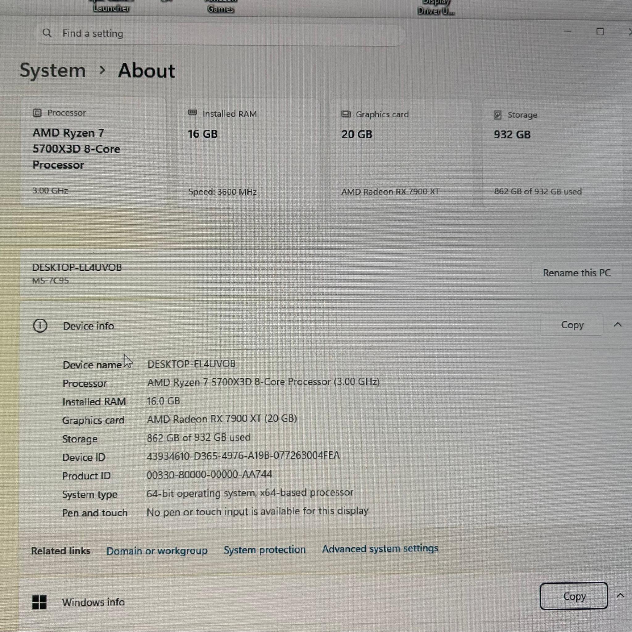 RX 7900 XT Gaming PC - Ryzen 7 5700X3D, 1TB NVMe SSD, 16GB DDR4 3600MHZ CL16
