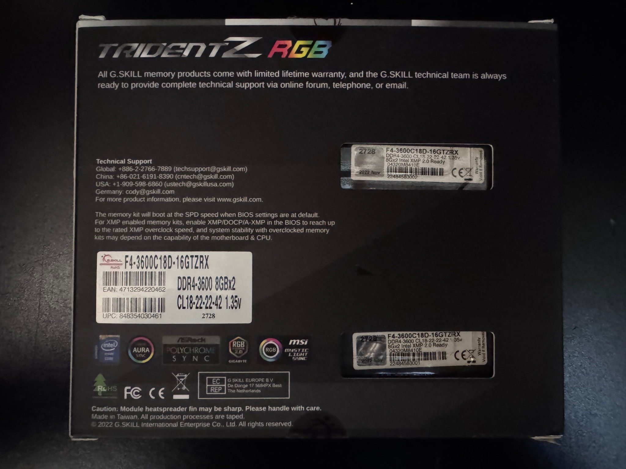 G.SKILL Trident Z RGB 16GB (2x8GB) DDR4 3600MHz CL18 RAM Kit