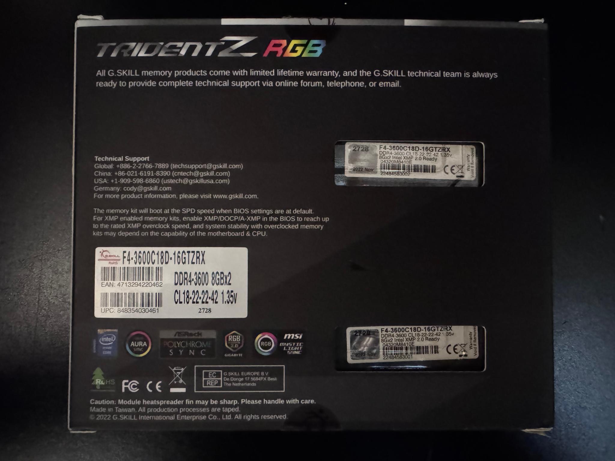 G.SKILL Trident Z RGB 16GB (2x8GB) DDR4 3600MHz CL18 RAM Kit