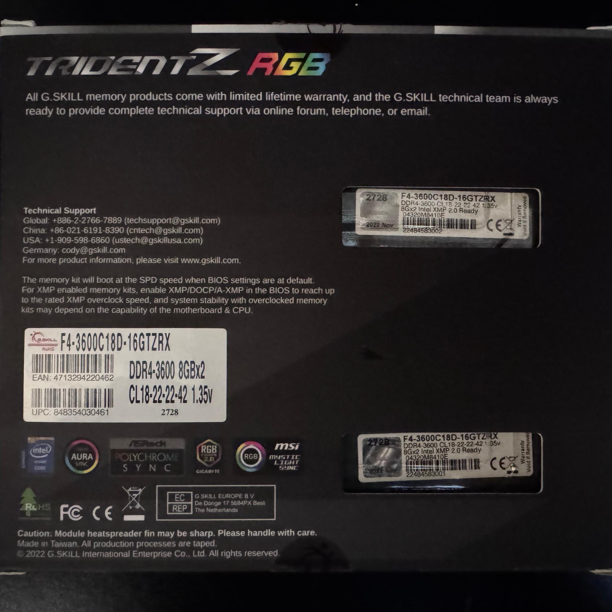 G.SKILL Trident Z RGB 16GB (2x8GB) DDR4 3600MHz CL18 RAM Kit