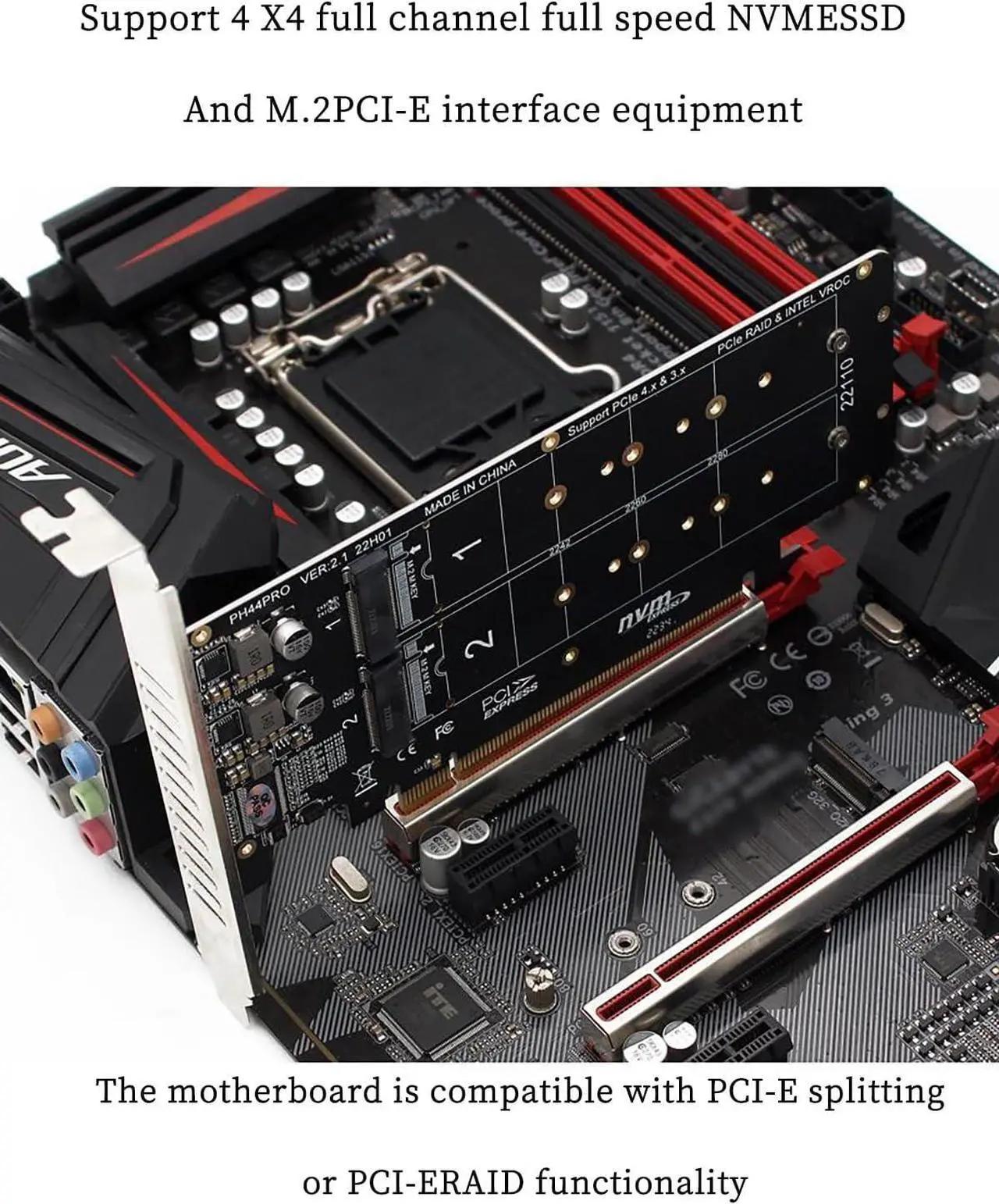 PH44PRO Dual-Sided 4 x M.2 M-Key NVME to PCIe X16 Splitter Card 4 x 32Gbps 2U Server RAID Array