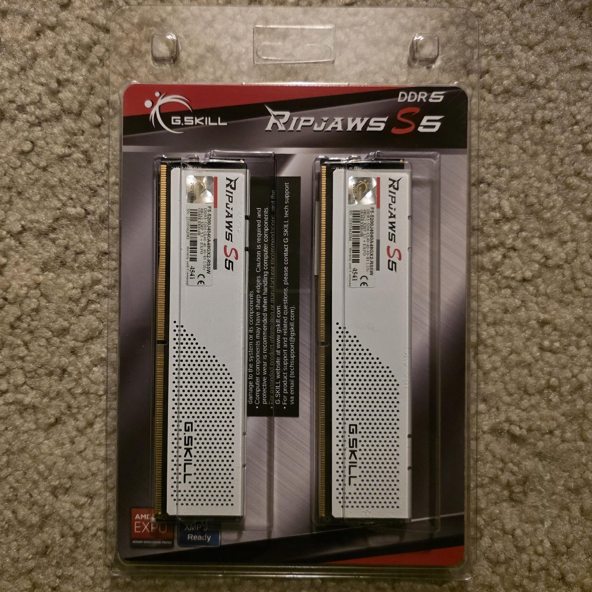G.SKILL Ripjaws S5 96GB (2 x 48GB) DDR5 5200MHz CL40-40-40-83 White Brand New