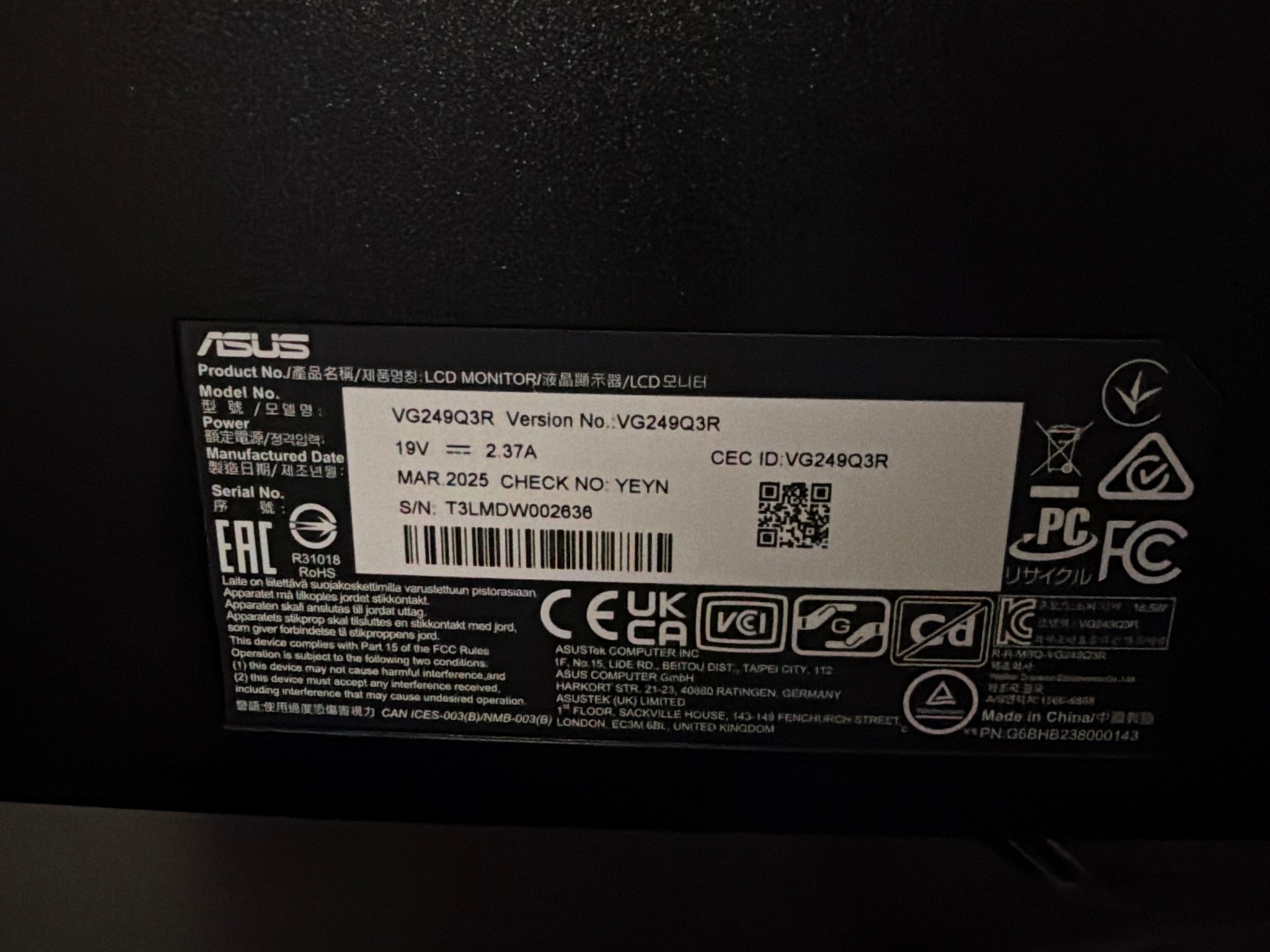 ASUS TUF GAMING MONITOR VG249Q3R 180HZ