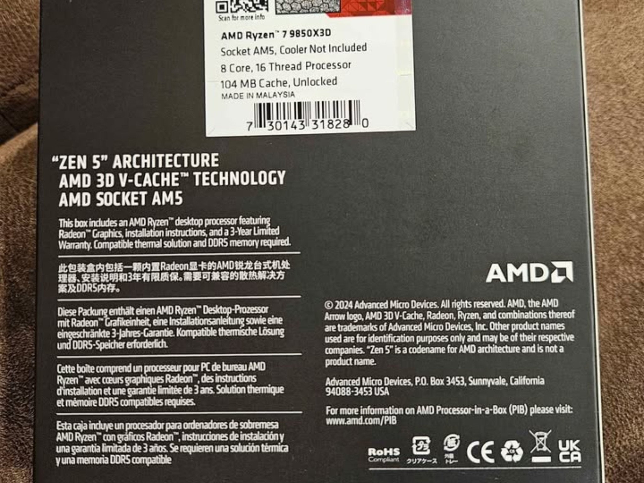 NEW AMD Ryzen 7 9850X3D Granite Ridge AM5 4.70GHz 8-Core Boxed Processor