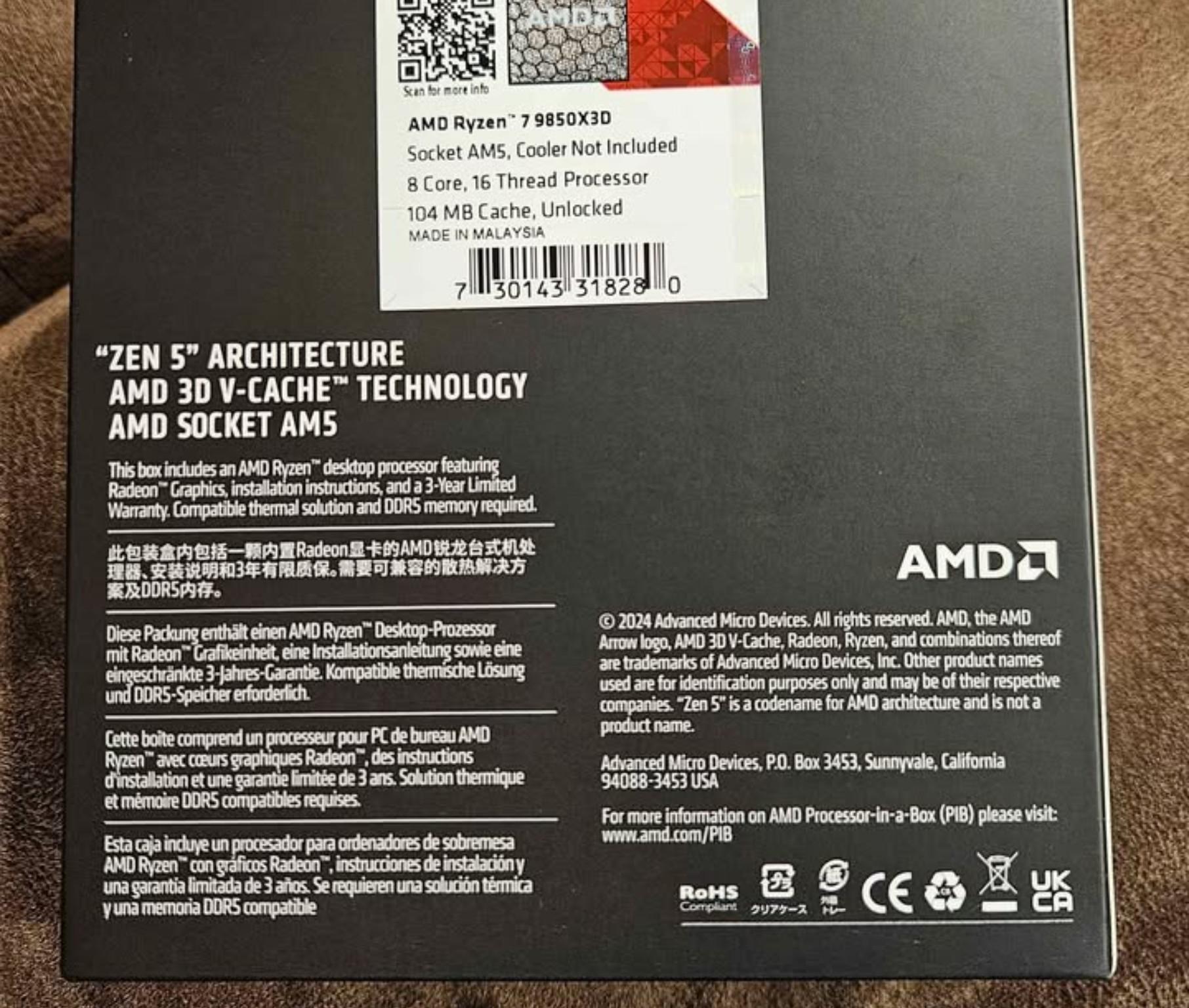 NEW AMD Ryzen 7 9850X3D Granite Ridge AM5 4.70GHz 8-Core Boxed Processor