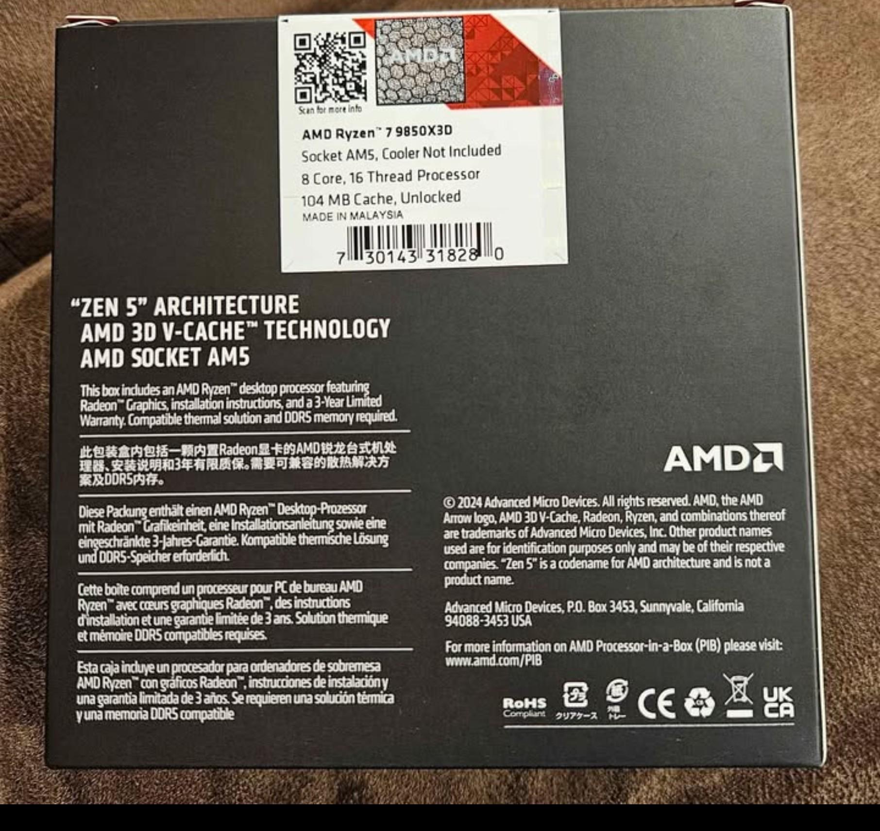 NEW AMD Ryzen 7 9850X3D Granite Ridge AM5 4.70GHz 8-Core Boxed Processor