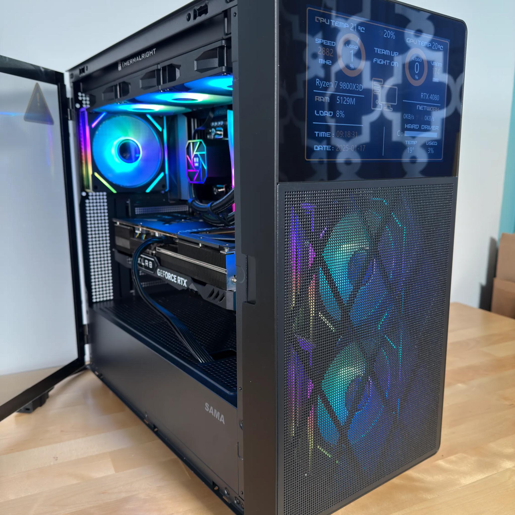 RTX 4080 Ryzen 9800X3D Gaming PC with Customizable Screen