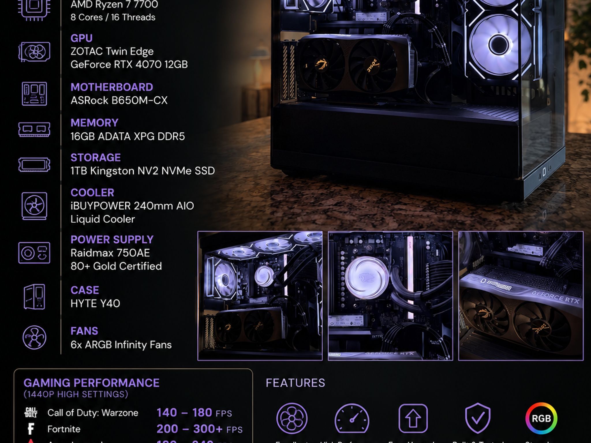 Ryzen 7 7700 | RTX 4070 Gaming PC | Hyte Y40 | 1TB NVMe | DDR5
