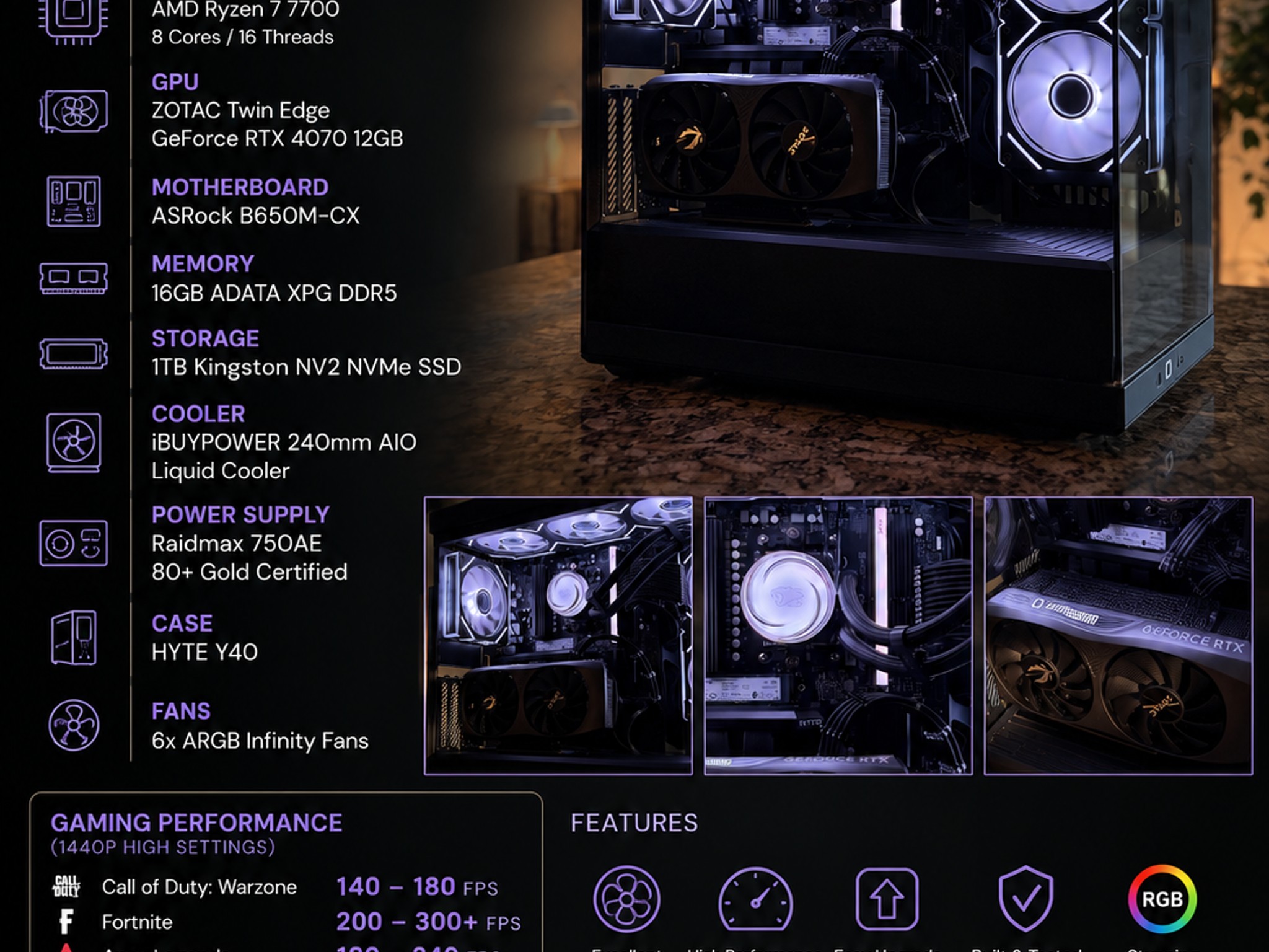 Ryzen 7 7700 | RTX 4070 Gaming PC | Hyte Y40 | 1TB NVMe | DDR5