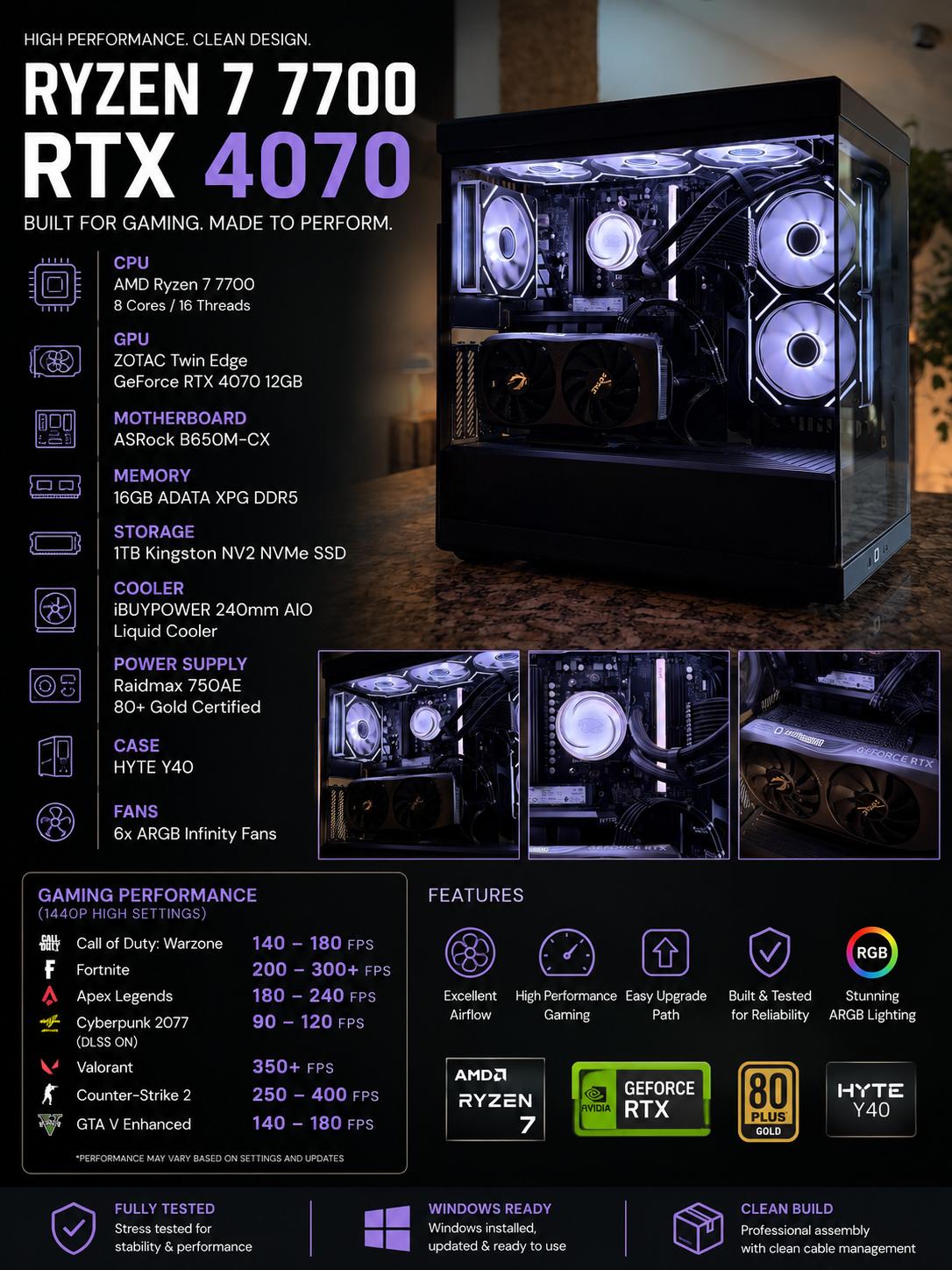 Ryzen 7 7700 | RTX 4070 Gaming PC | Hyte Y40 | 1TB NVMe | DDR5