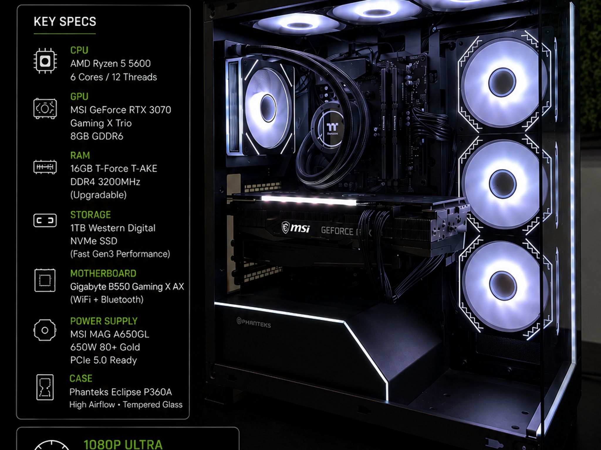 GeForce RTX 3070 Custom Gaming PC - Ryzen 5 5600, 16GB RAM, 1TB NVMe SSD