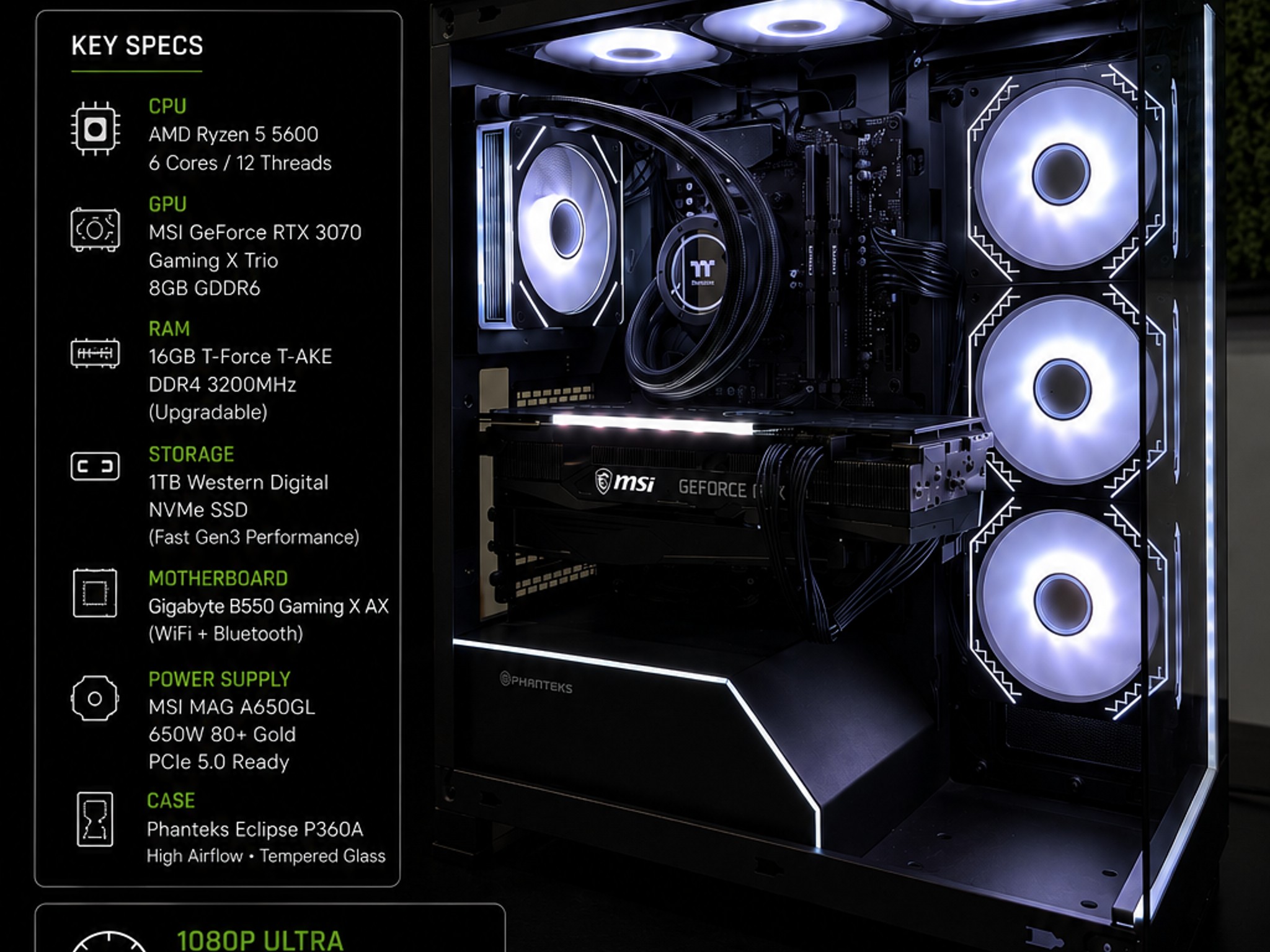 GeForce RTX 3070 Custom Gaming PC - Ryzen 5 5600, 16GB RAM, 1TB NVMe SSD