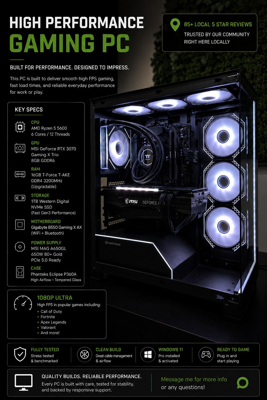 GeForce RTX 3070 Custom Gaming PC - Ryzen 5 5600, 16GB RAM, 1TB NVMe SSD