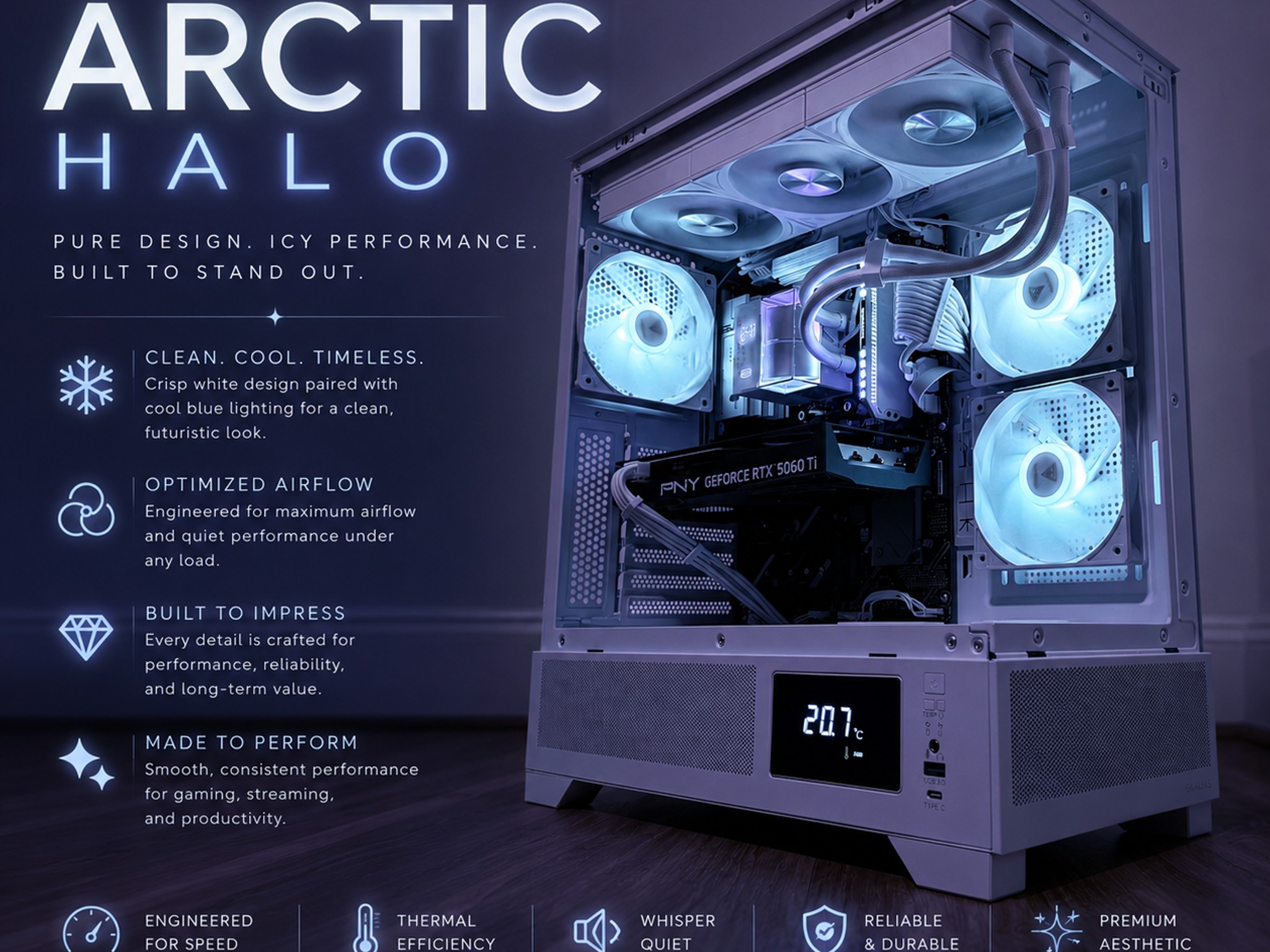 ❄️"Artic Halo"❄️| 1080/1440p Gaming | 5060 Ți | Ryzen 7 8700F | 32GB Ram | 1tb WD Blue SSD | WiFi