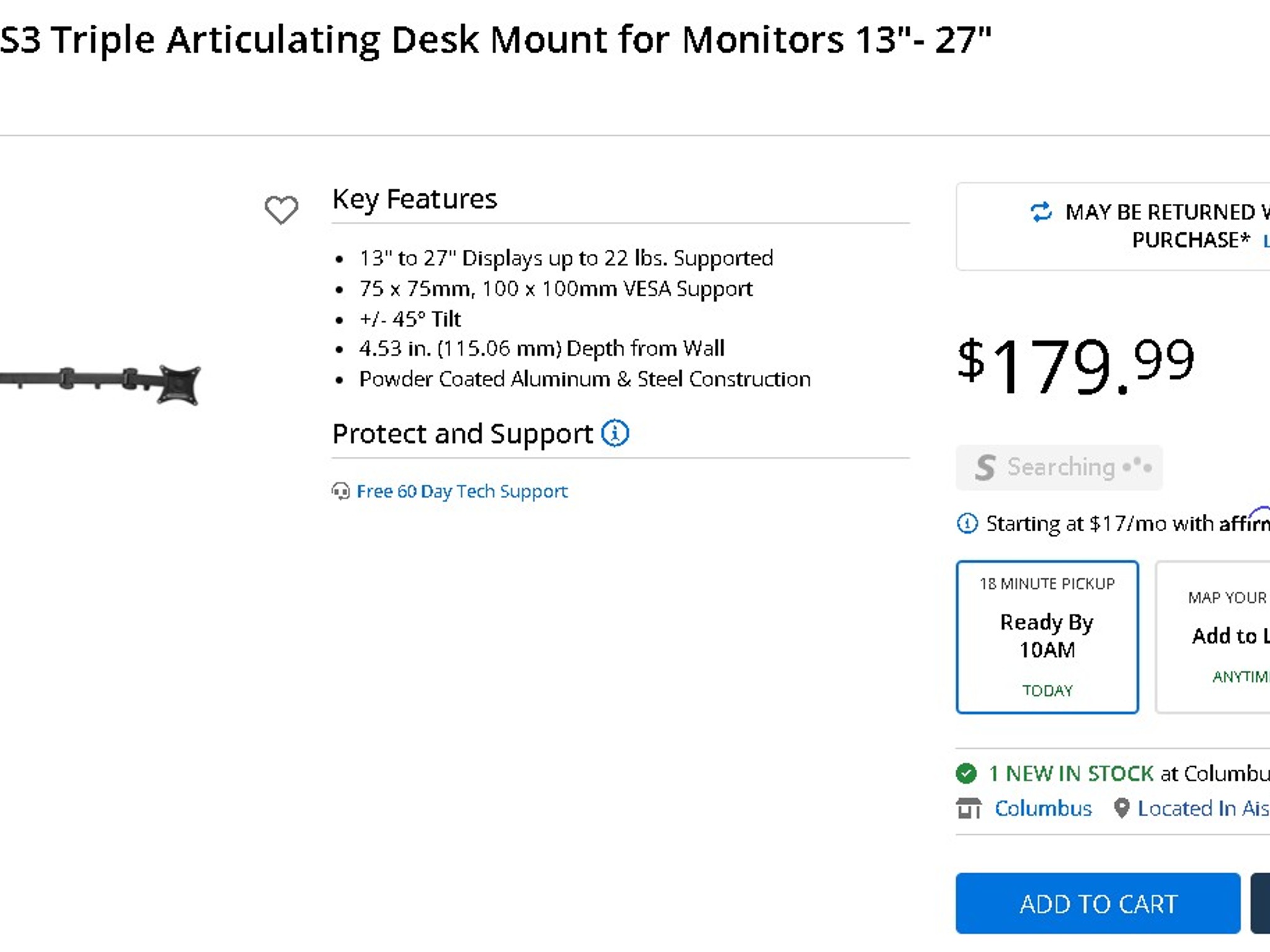 NEW - SIIG Triple Articulating Desk Mount for Monitors 13"- 27" (CE-MT0R12-S3)