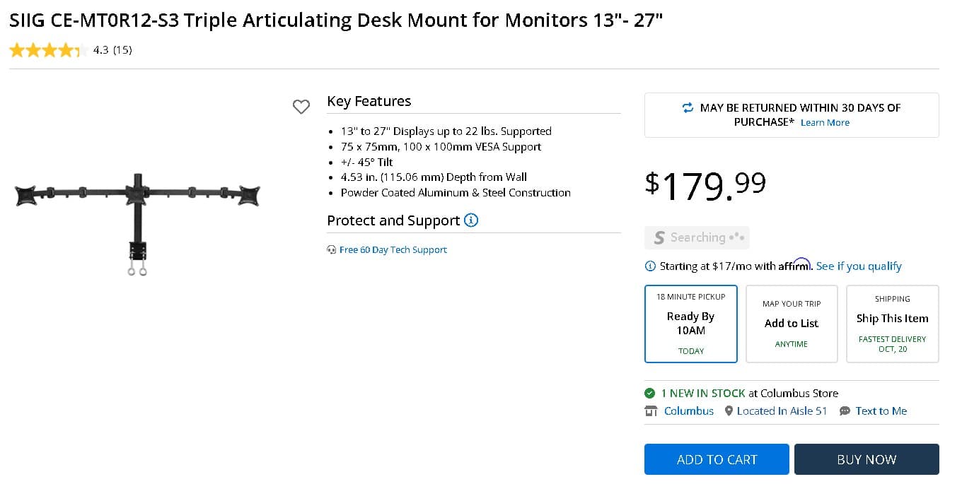 NEW - SIIG Triple Articulating Desk Mount for Monitors 13"- 27" (CE-MT0R12-S3)