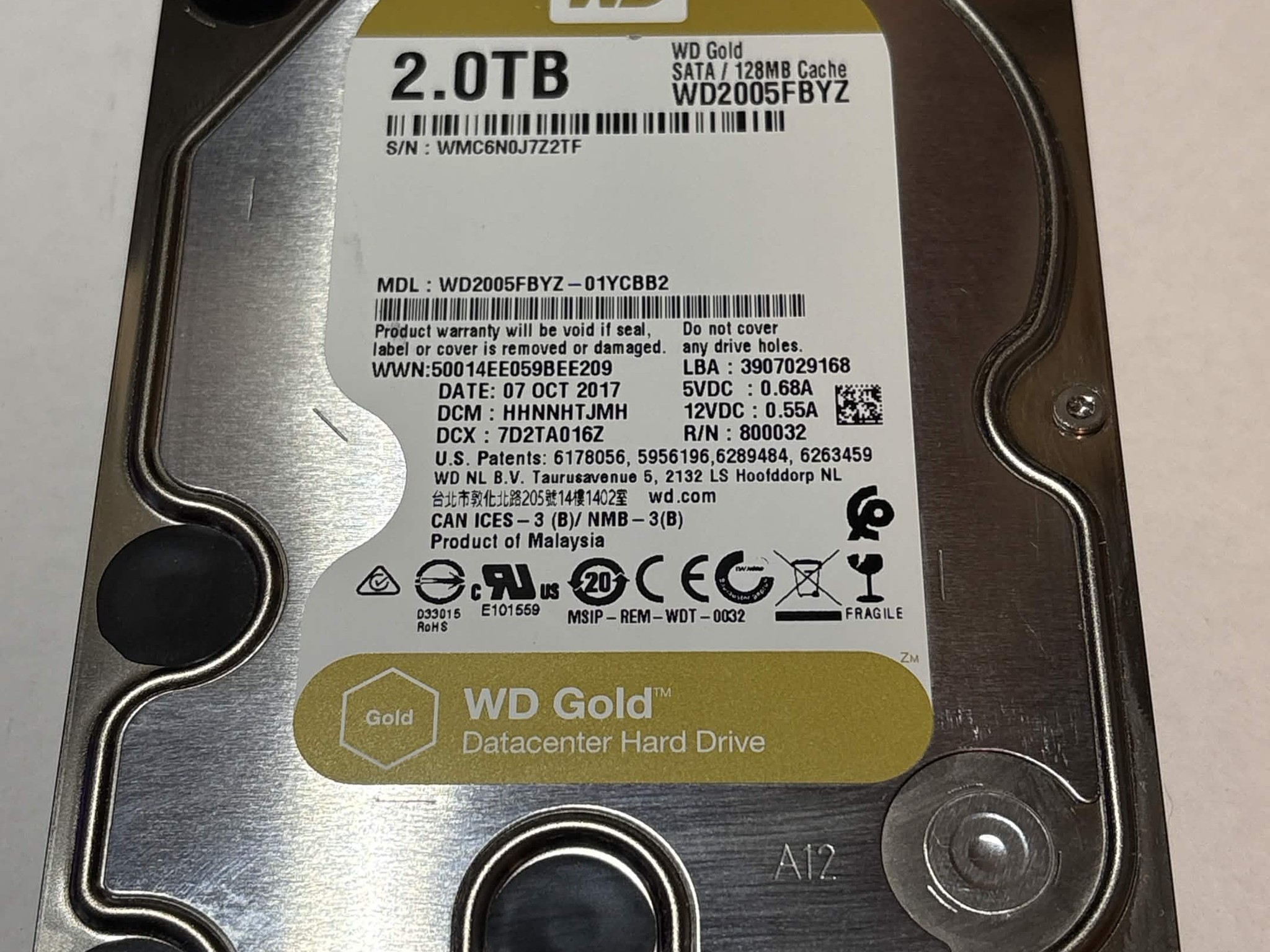WD Gold 2TB Data Center HDD – 7200RPM 128MB Cache SATA – WD2005FBYZ – Good SMART