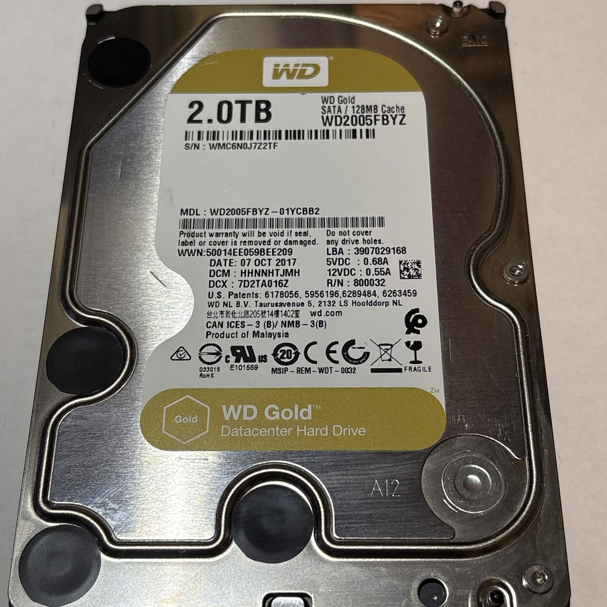 WD Gold 2TB Data Center HDD – 7200RPM 128MB Cache SATA – WD2005FBYZ – Good SMART