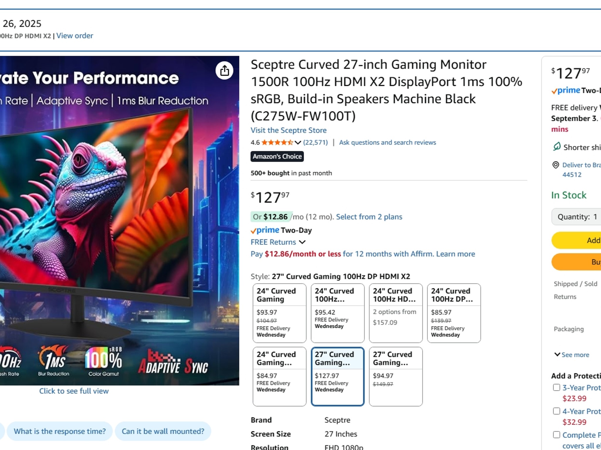 Sceptre Curved 27-inch Gaming Monitor C275W-FW100T
