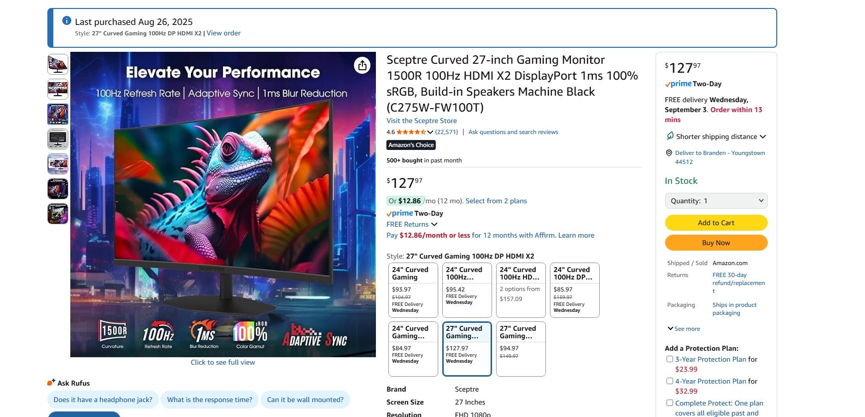 Sceptre Curved 27-inch Gaming Monitor C275W-FW100T