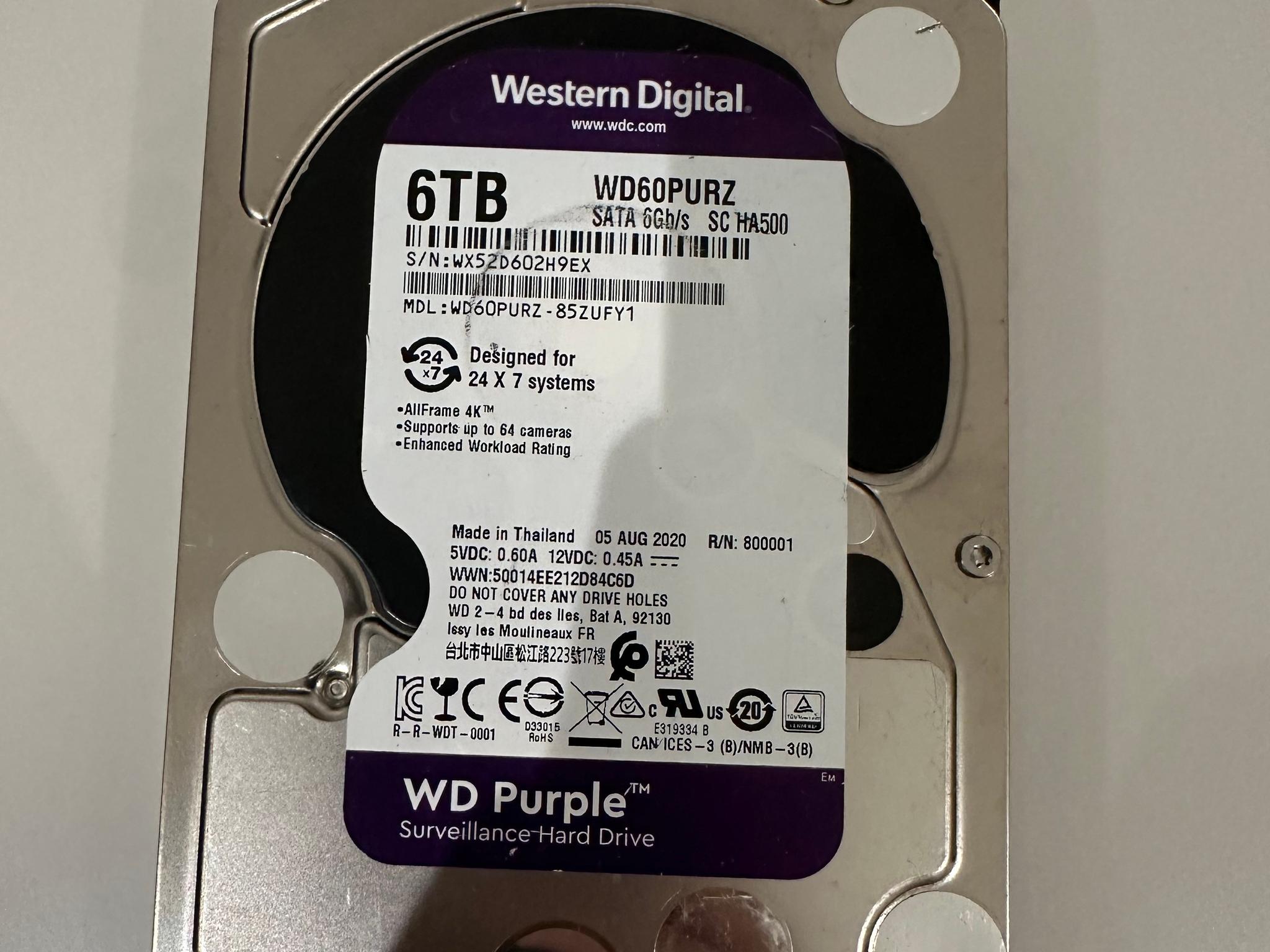 WD Purple 6TB 3.5" SATA Surveillance HDD WD60PURZ