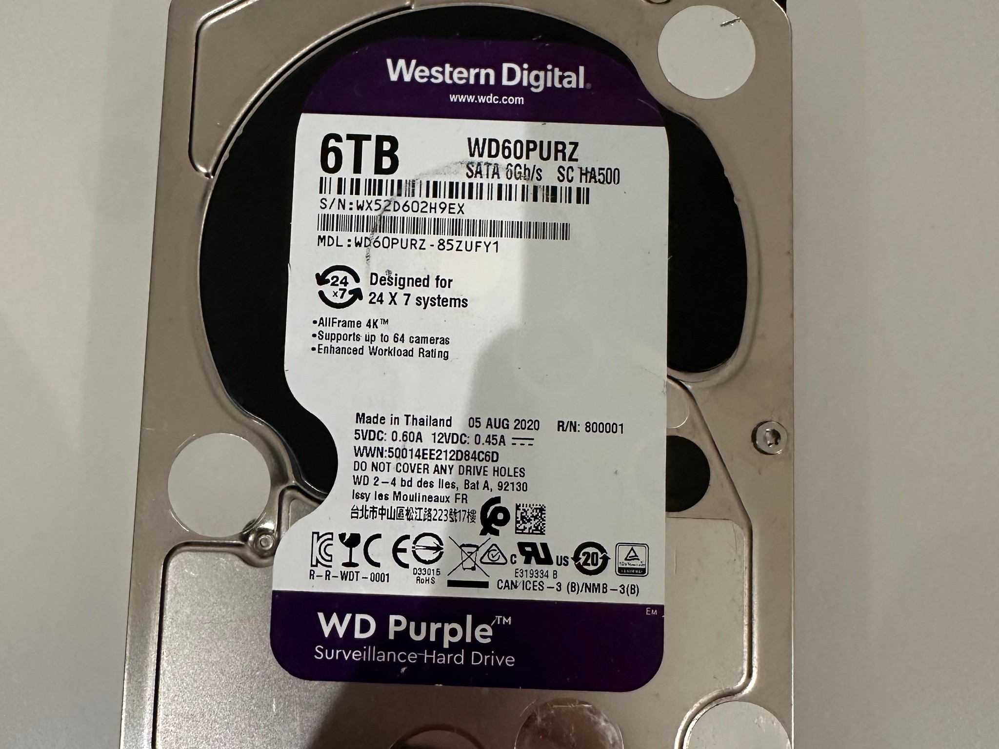 WD Purple 6TB 3.5" SATA Surveillance HDD WD60PURZ
