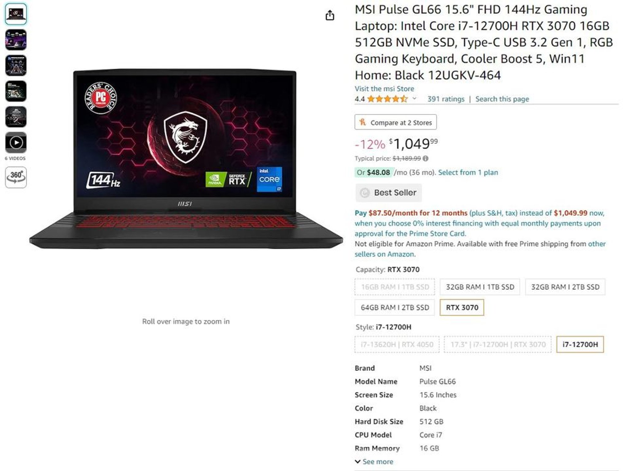 MSI PULSE GL66 15.6" FHD 144HZ GAMING LAPTOP