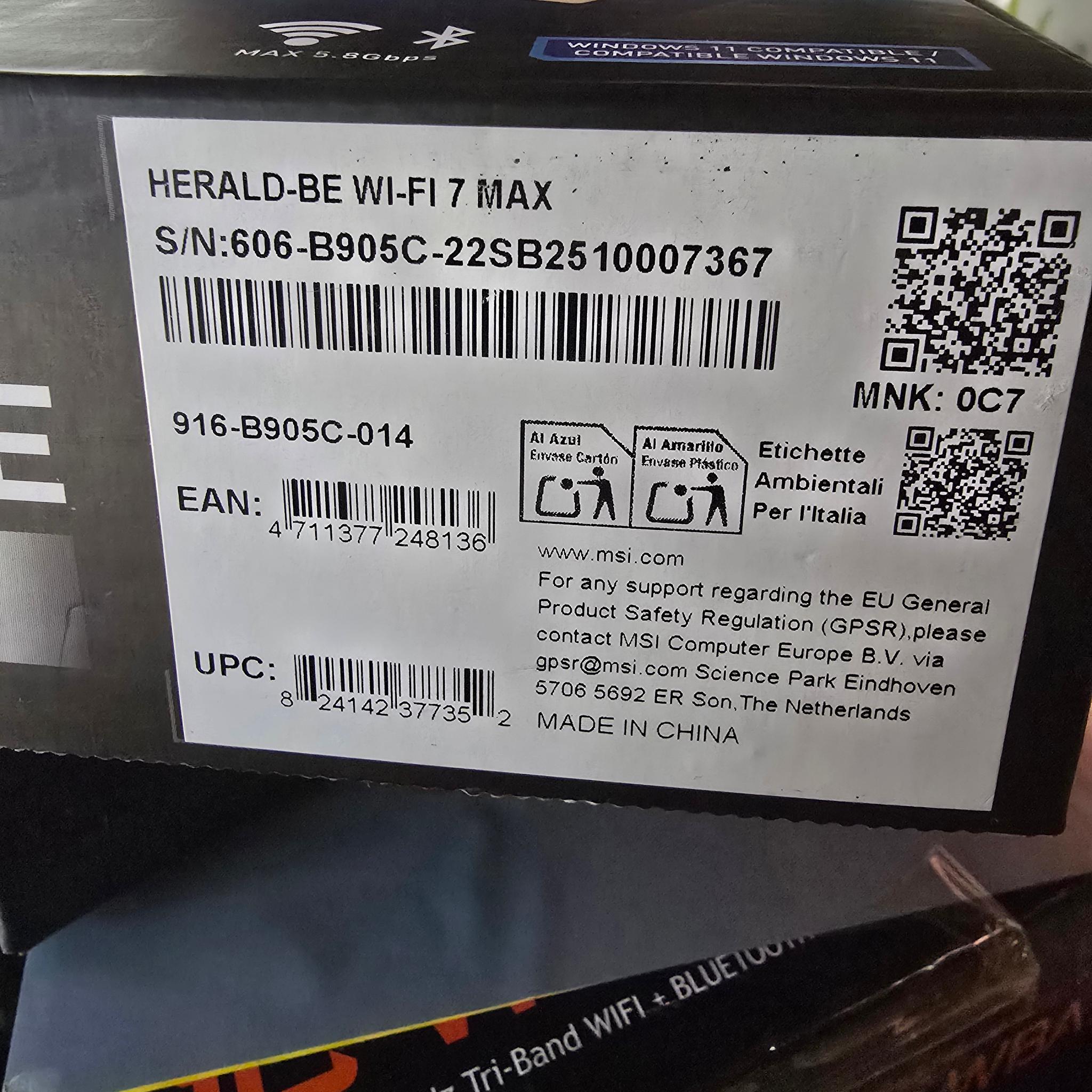 MSI Herald-BE WI-FI 7 MAX Wi-Fi 7 802.11BE Bluetooth 5.4 PCIe Multi-Link Operation Technology
