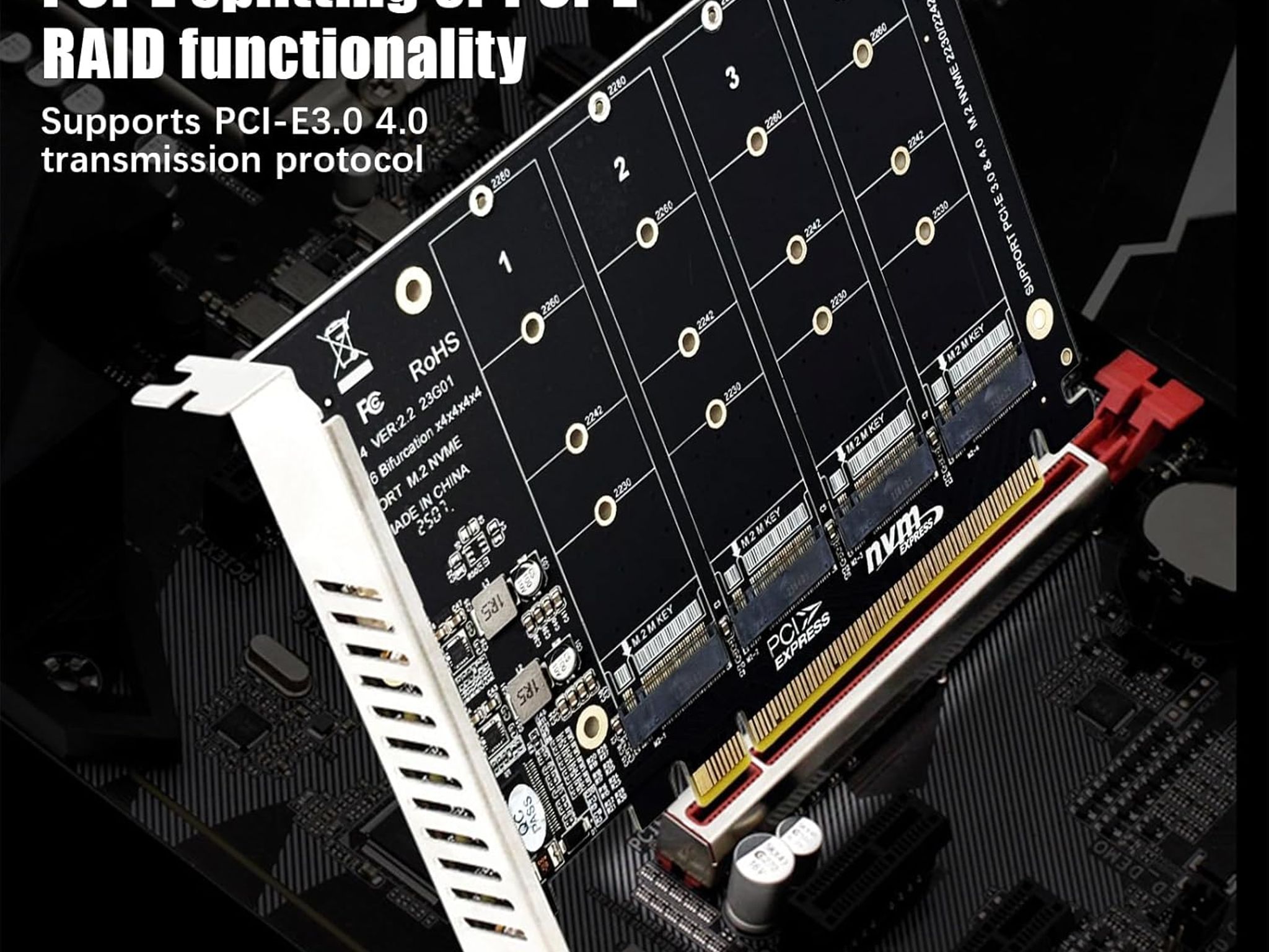 M.2 NVMe SSD to PCI-E x16 Host Controller Expansion Card 4 x 64Gbps M Key Hard Drive