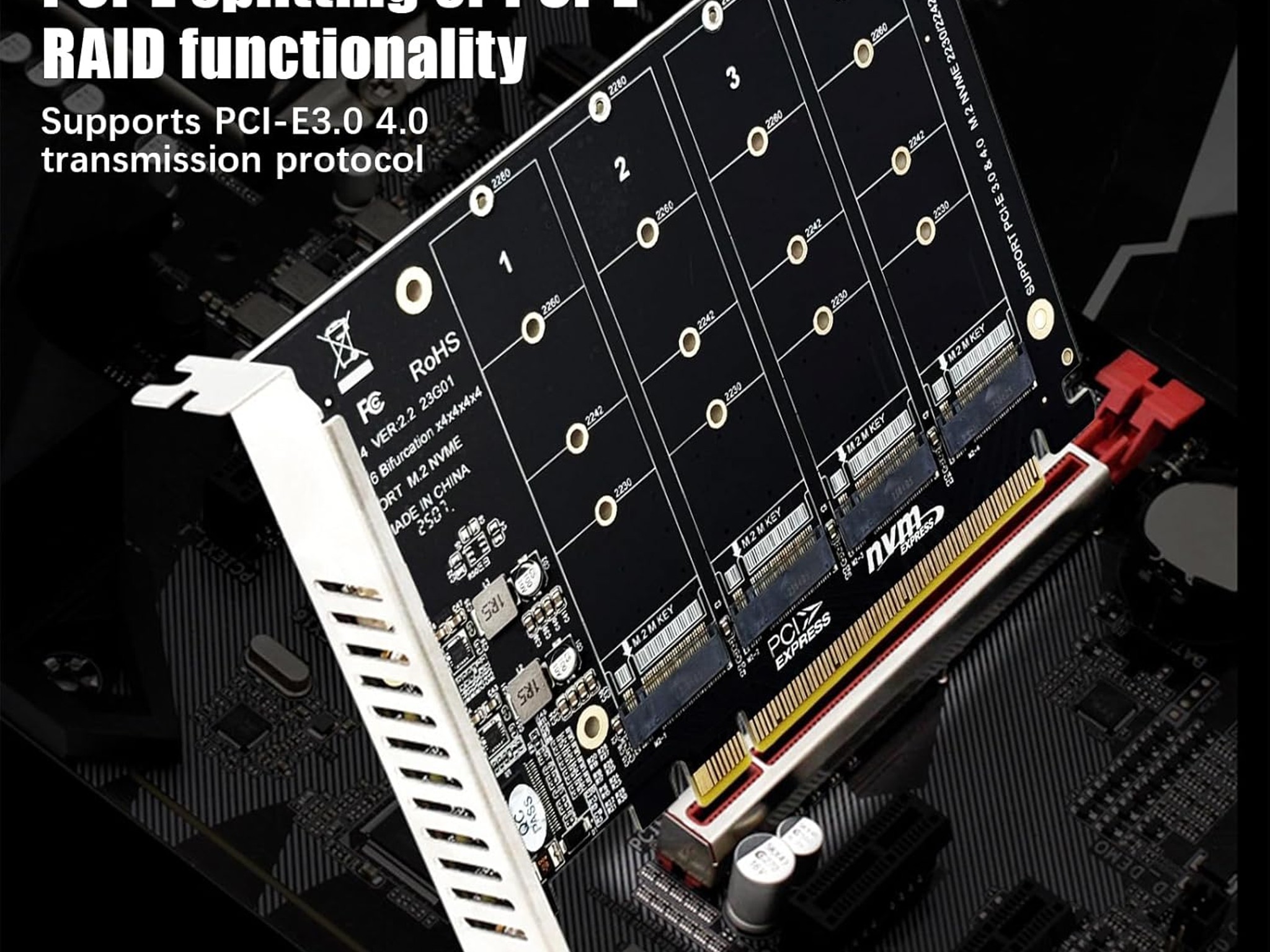 M.2 NVMe SSD to PCI-E x16 Host Controller Expansion Card 4 x 64Gbps M Key Hard Drive