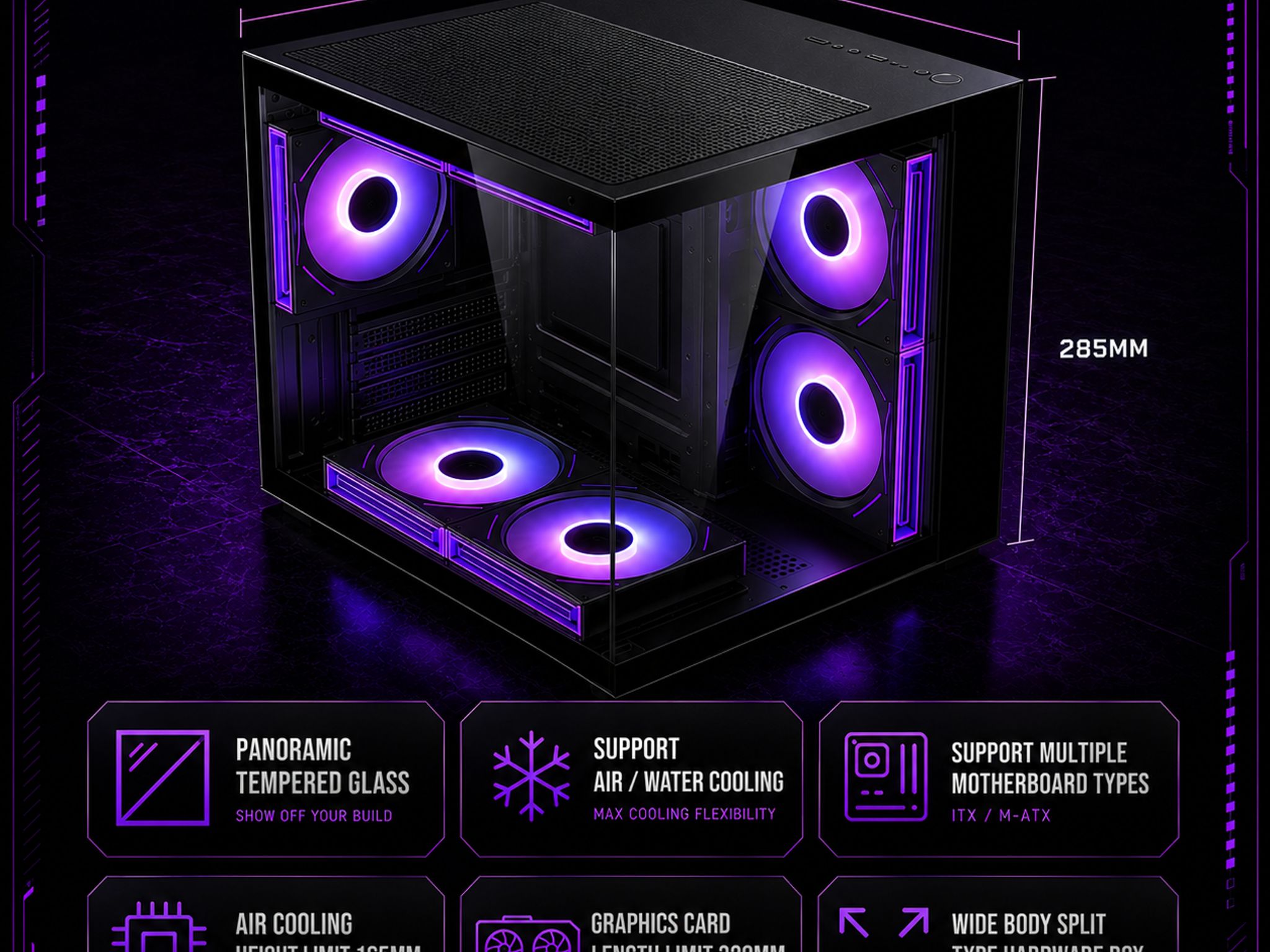 LOVINGCOOL ARGB GAMING PC MATX CASE – PANORAMIC TEMPERED GLASS w/ 3 FANS