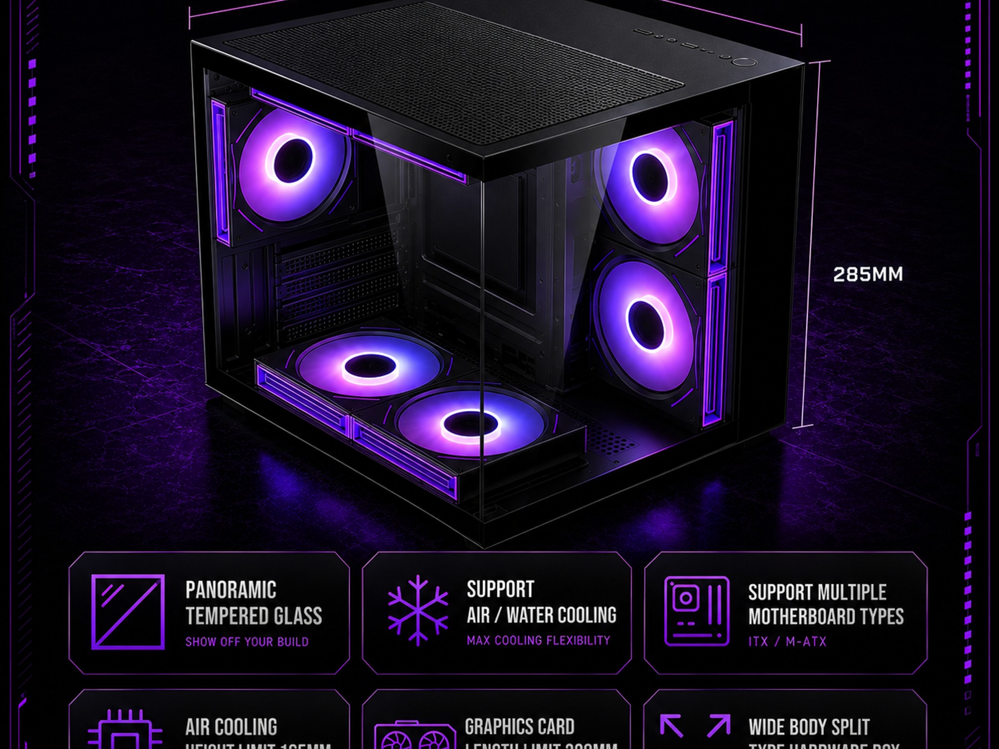 LOVINGCOOL ARGB GAMING PC MATX CASE – PANORAMIC TEMPERED GLASS w/ 3 FANS