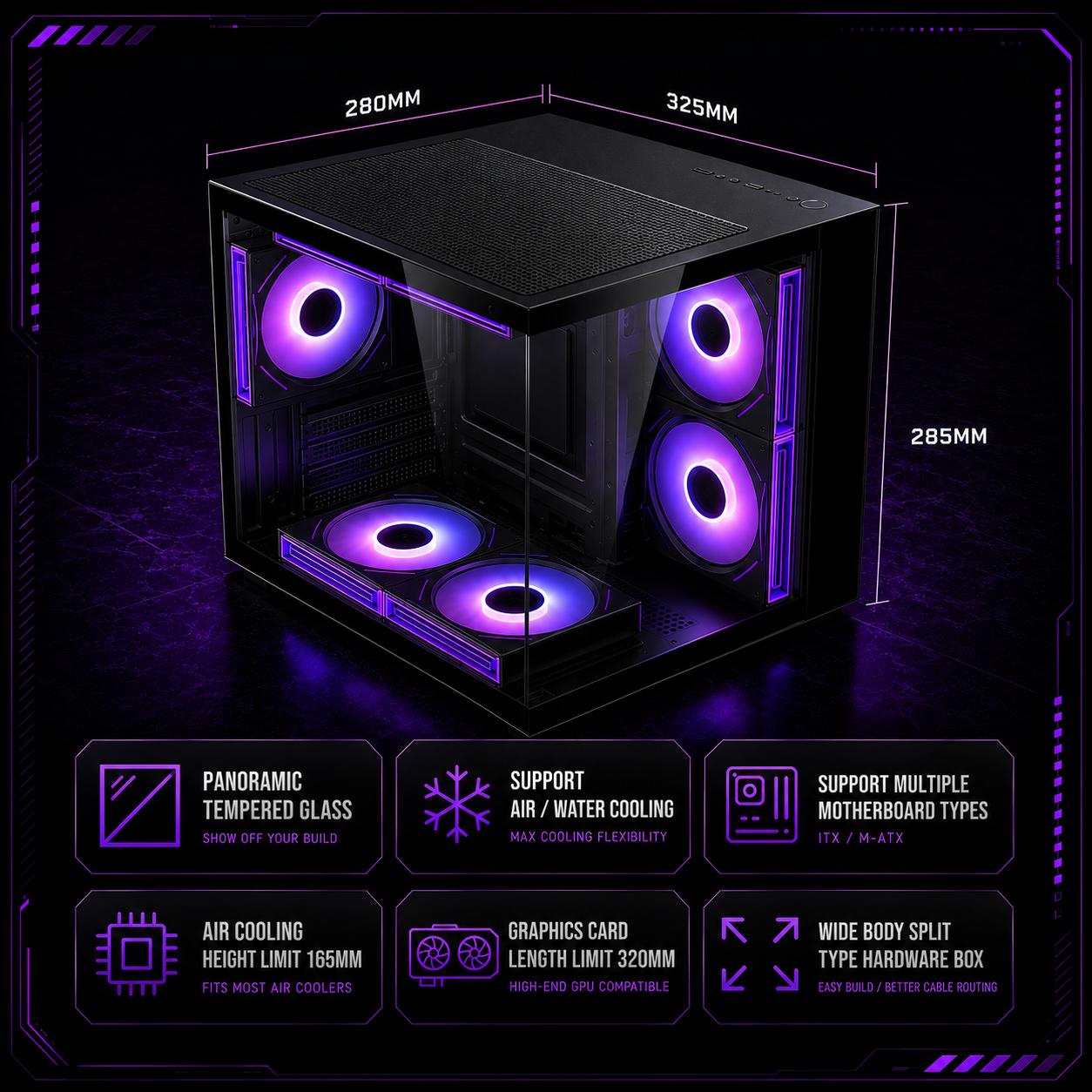 LOVINGCOOL ARGB GAMING PC MATX CASE – PANORAMIC TEMPERED GLASS w/ 3 FANS
