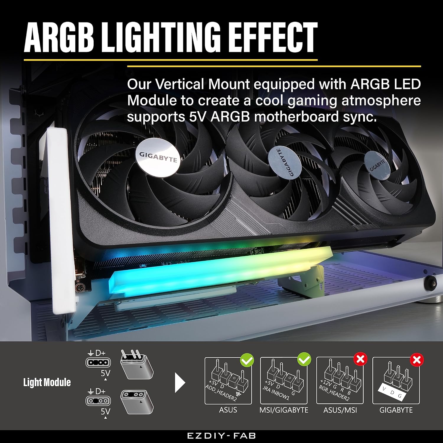 EZDIY-FAB PCIe 4.0 GPU Mount Bracket w ARGB LED Module White Nvidia AMD RTX RX XT Adjustable angle