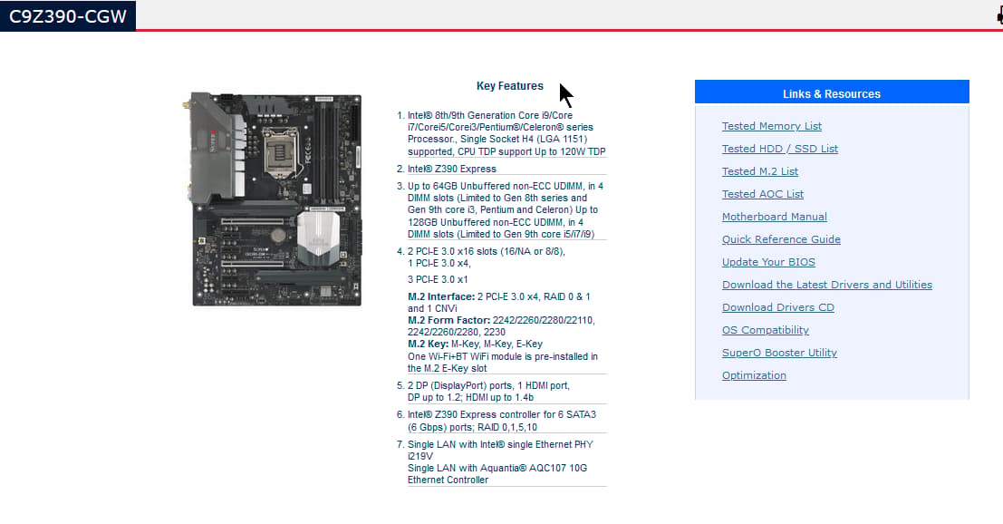 SUPERMICRO INTEL Z390 LGA1151 DDR4 ATX MOTHERBOARD (MODEL MBD-C9Z390-CGW)