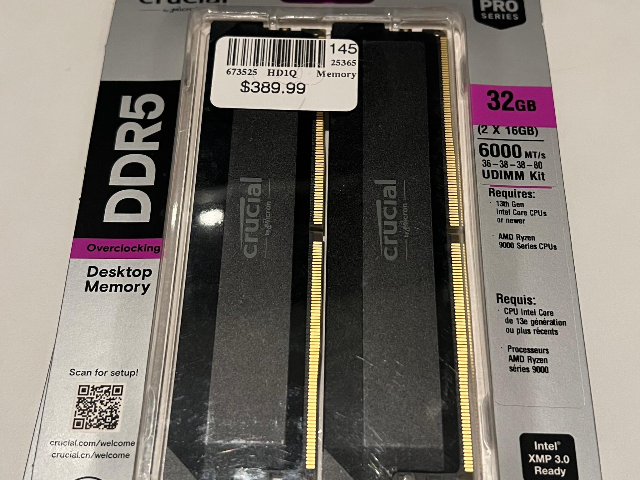 Crucial Pro Overclocking 32GB DDR5-6000 PC5-48000 CL36 Dual Channel Desktop Memory Kit Black