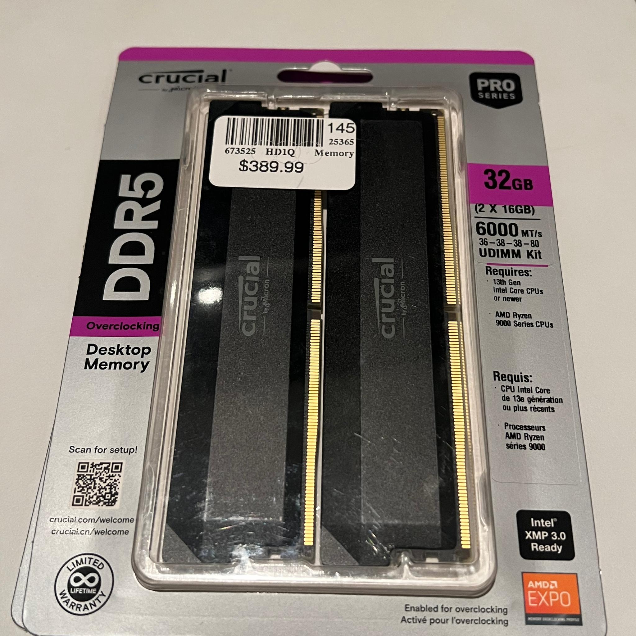 Crucial Pro Overclocking 32GB DDR5-6000 PC5-48000 CL36 Dual Channel Desktop Memory Kit Black