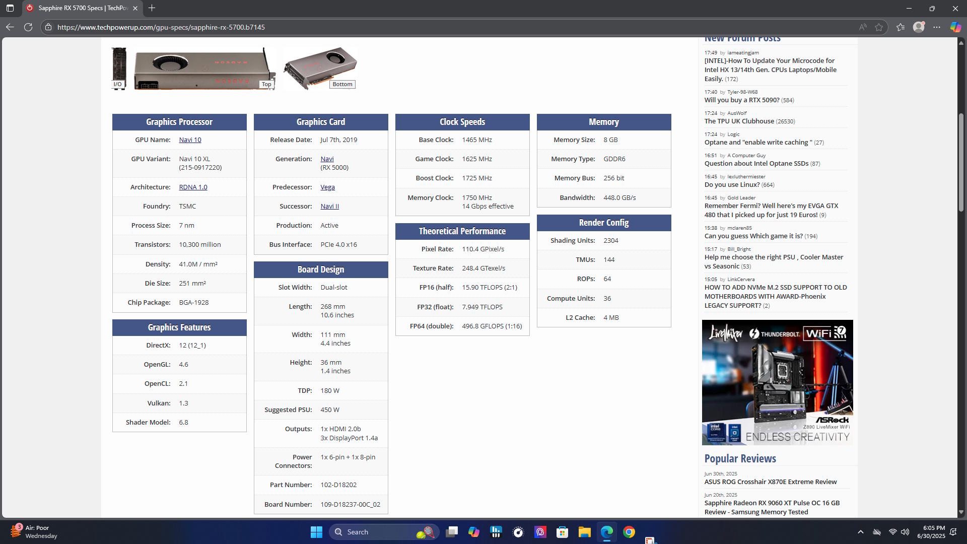 Sapphire Radeon RX 5700 Reference Edition, 1080P Gaming budget card